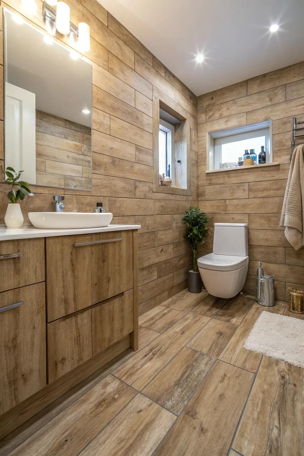 Wood-look tiles mix beauty with practicality in bathrooms.