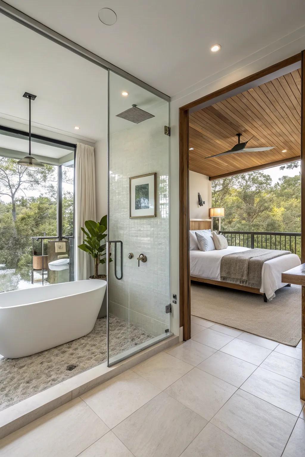 An open-concept bathroom fosters a smooth transition between different areas.