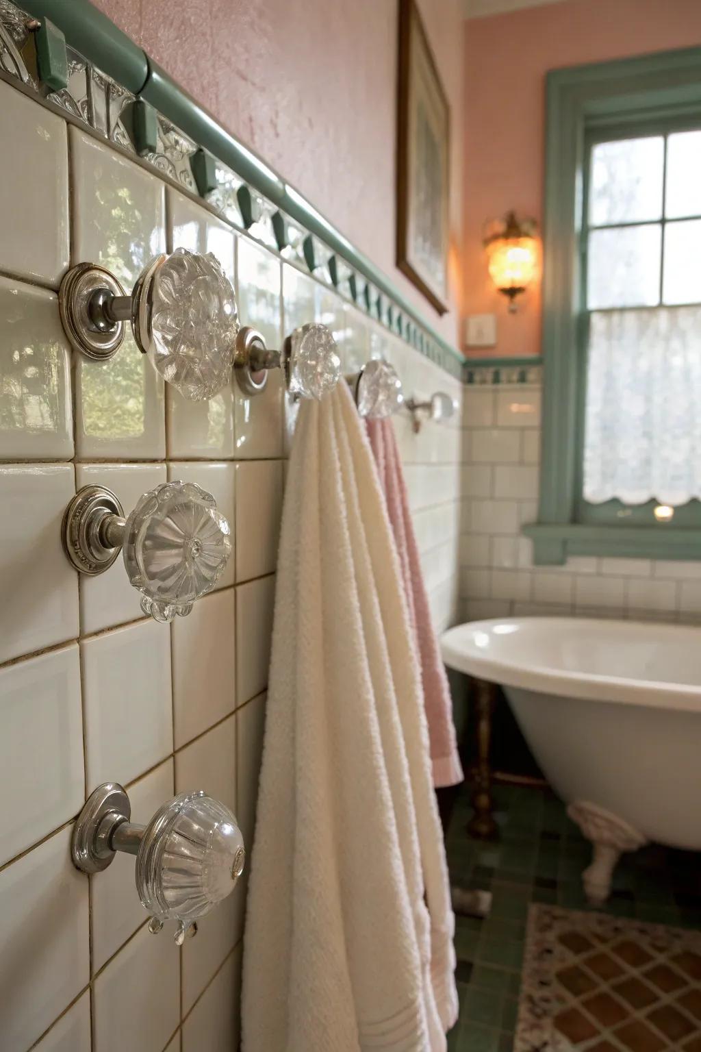 Vintage glass knobs add a touch of vintage flair and elegance.