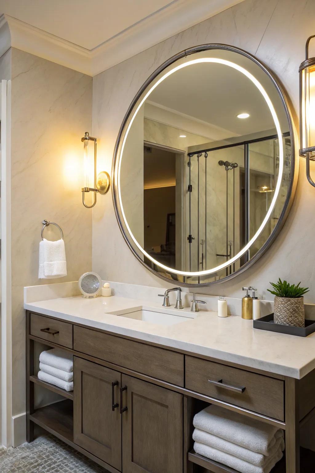 A striking mirror offers both functionality and decorative appeal.