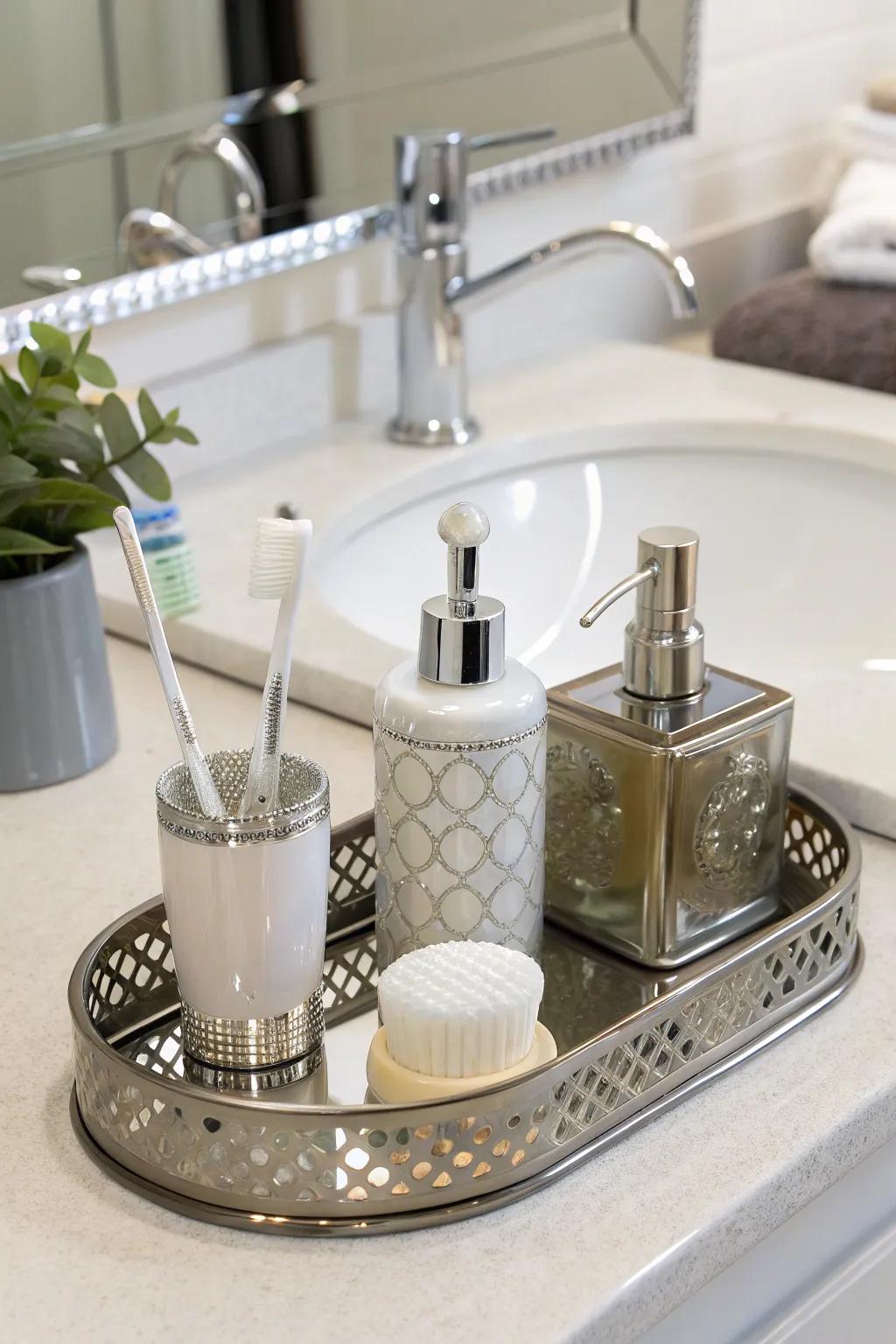 A lustrous platter enriches the bathroom decor with a hint of opulence.