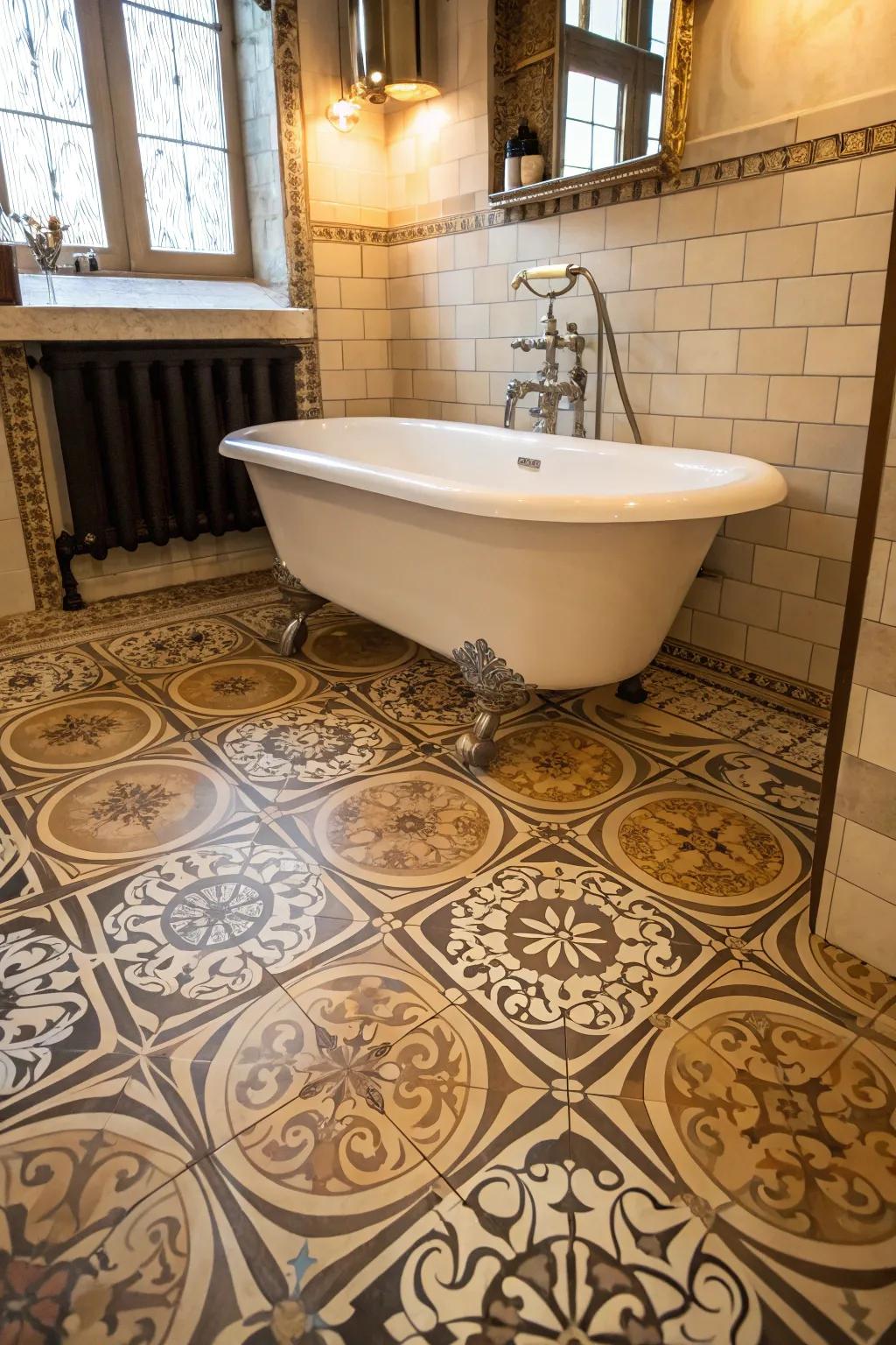 Complex patterns on resilient flooring add a stunning key feature to this vintage-inspired bathroom.