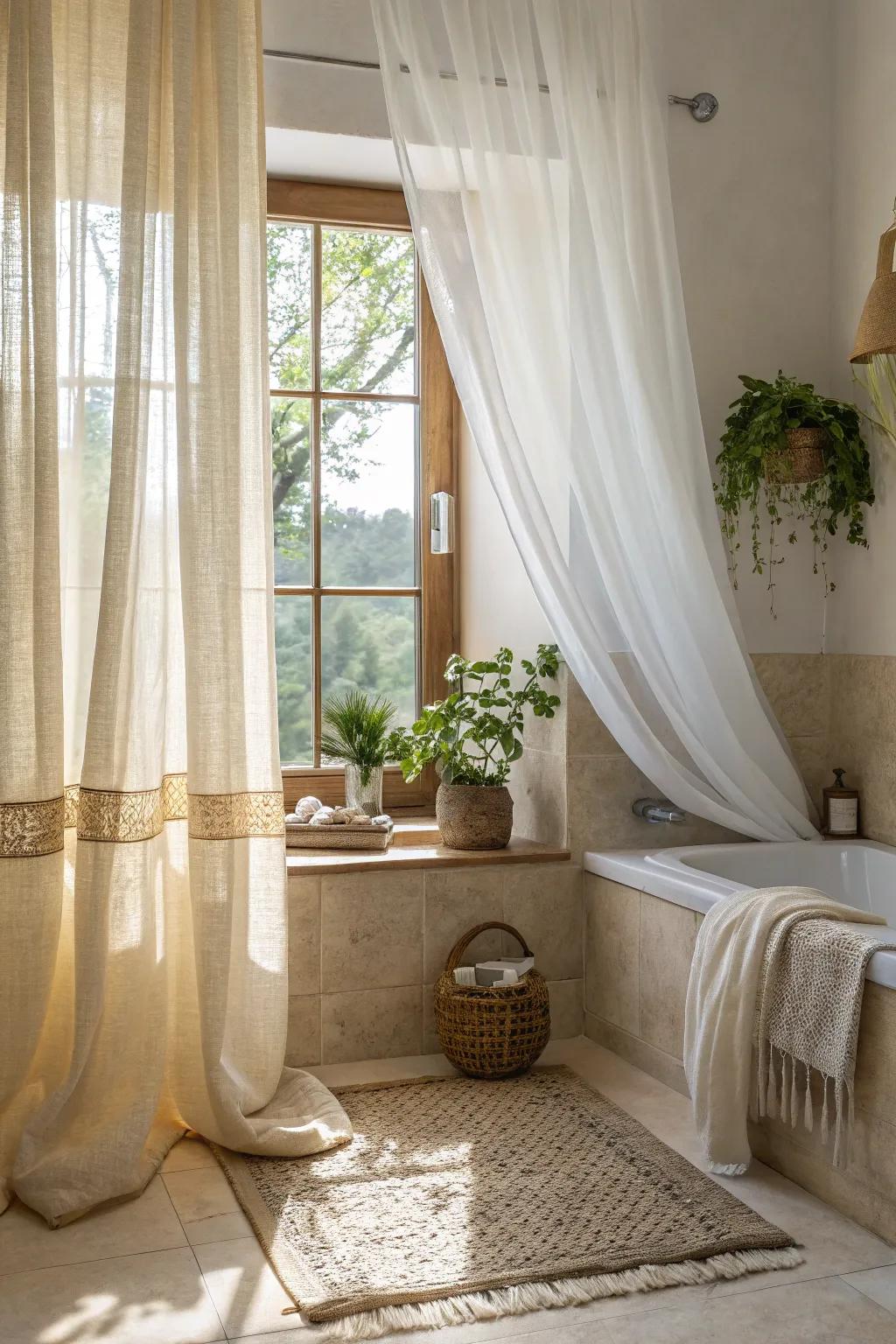 Subtle beauty: Soft, light-diffusing drapes enrich your bathroom windows.