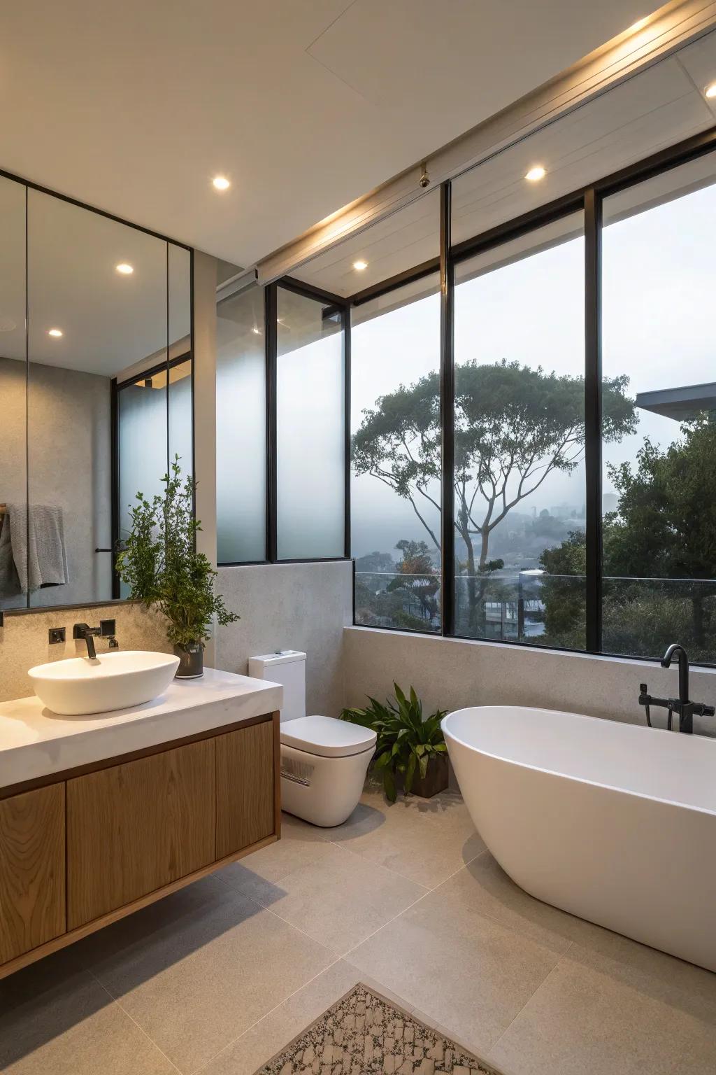 Opaque glass windows providing privacy and soft illumination in the bathroom.