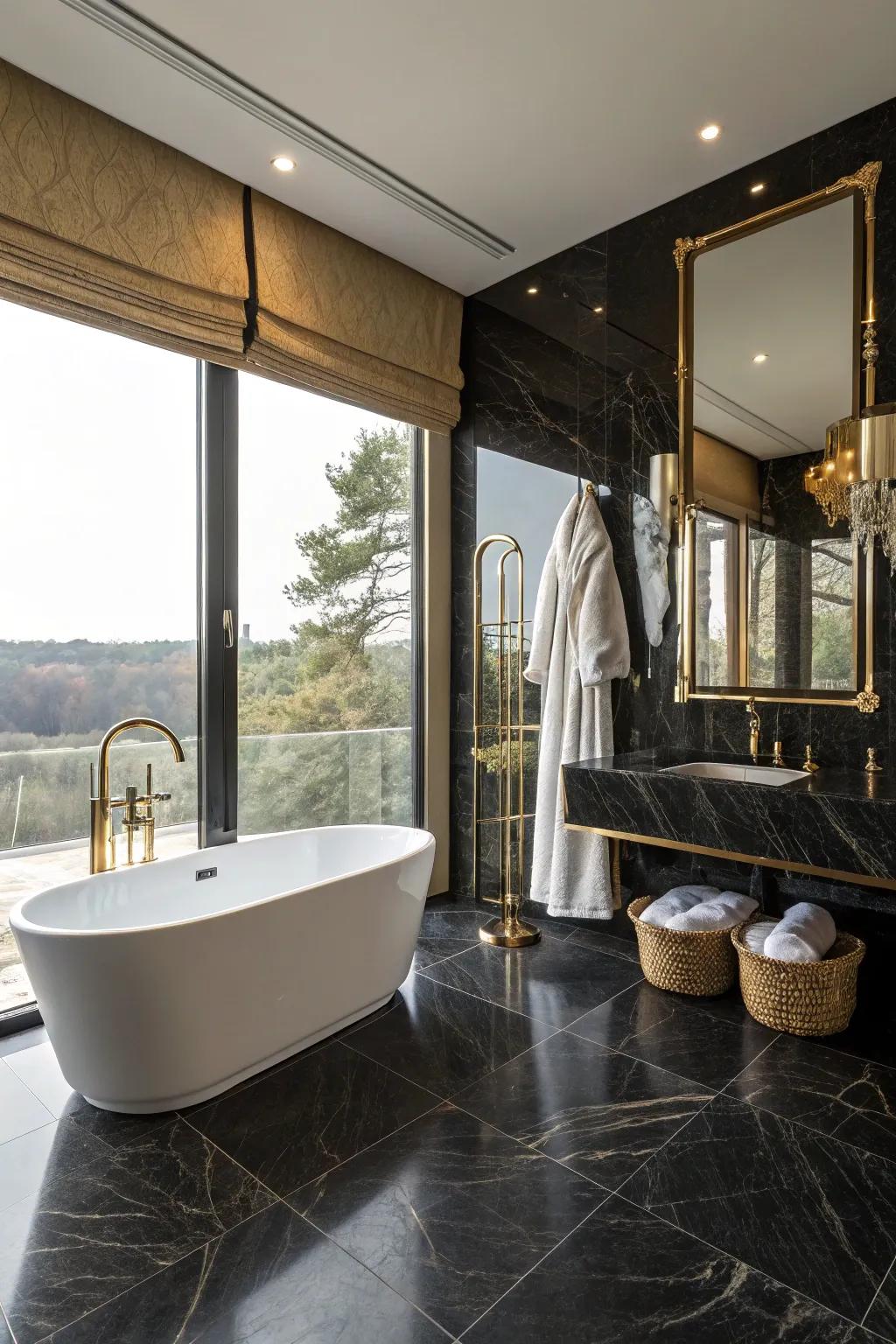 A standalone soaking tub brings a sense of luxury to this sophisticated bathroom.
