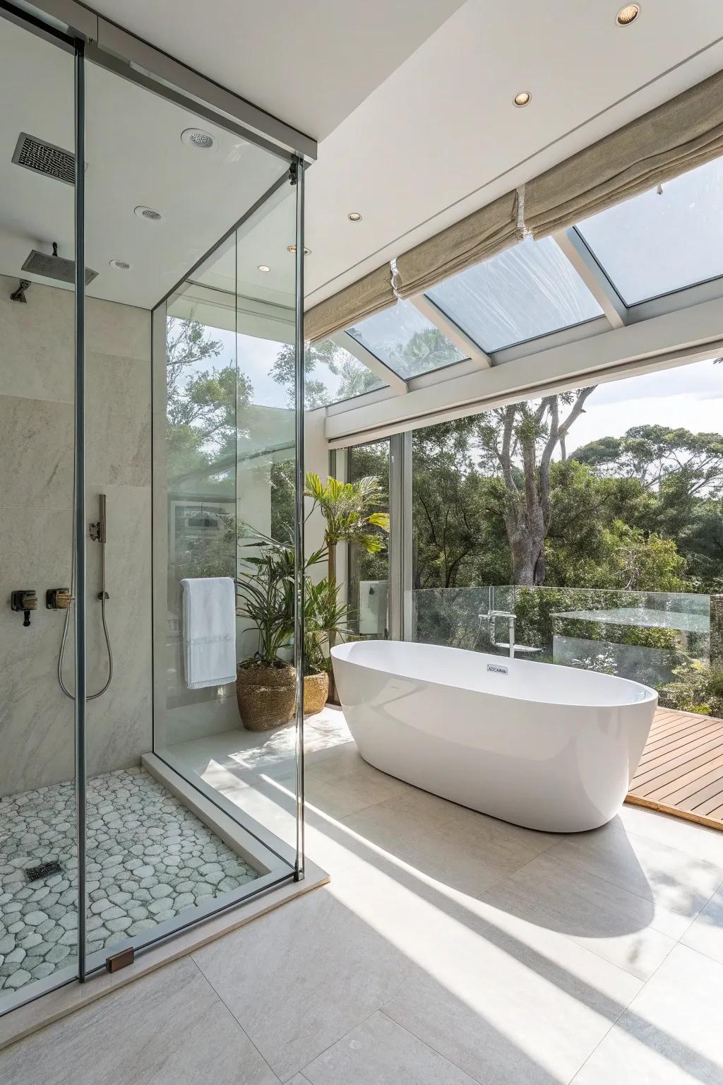 Clear shower surrounding enhancing the sense of openness within a bathroom.