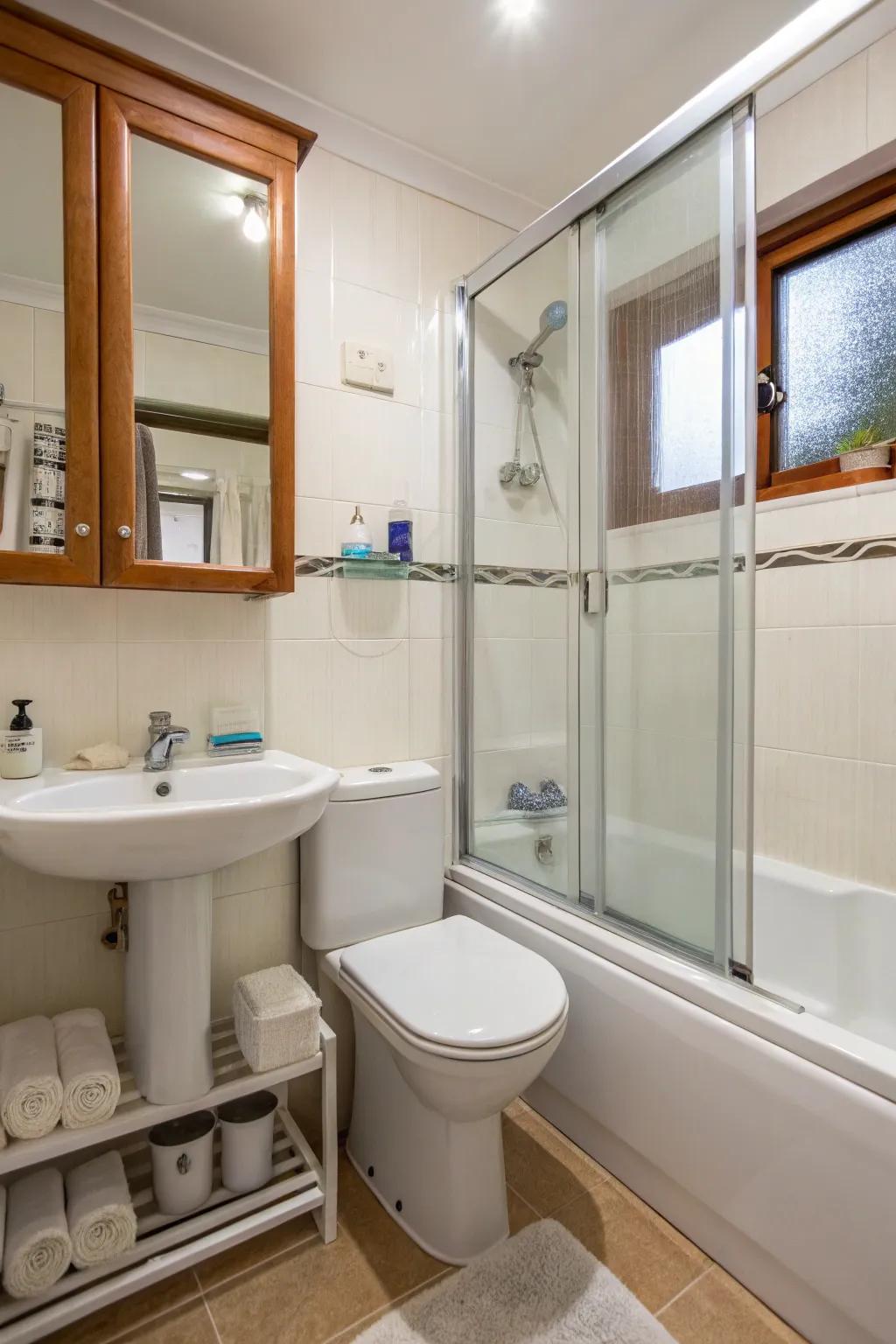 Sliding doors work perfectly to save space in compact bathrooms.