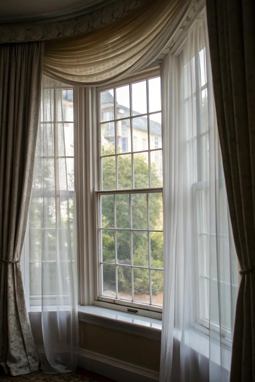 Layered curtains offering dimension and versatility for bay windows.