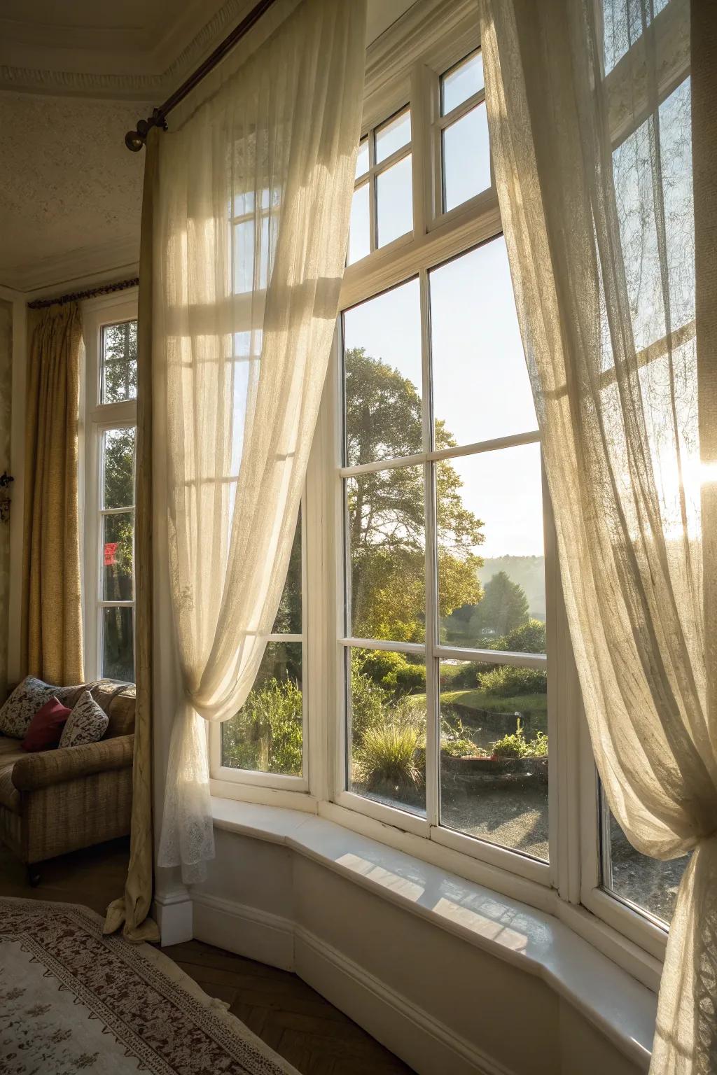Allow the sunlight to permeate your living space by using delicate window coverings.