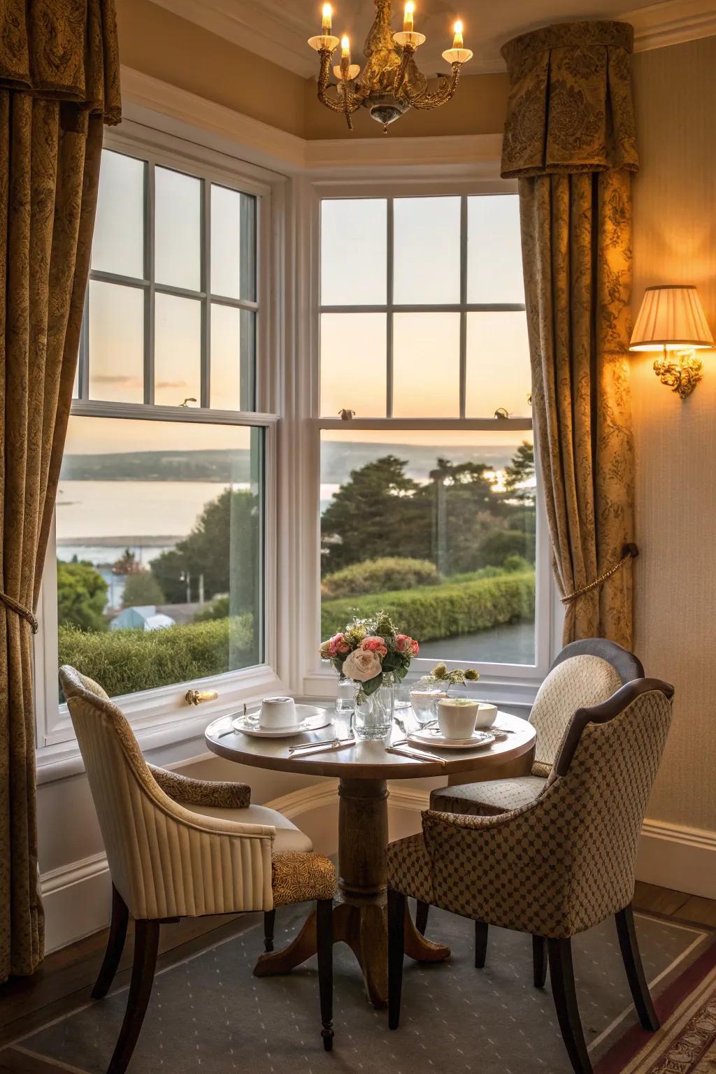 Savor meals with a scenic backdrop by setting up a dining area in your bay window.