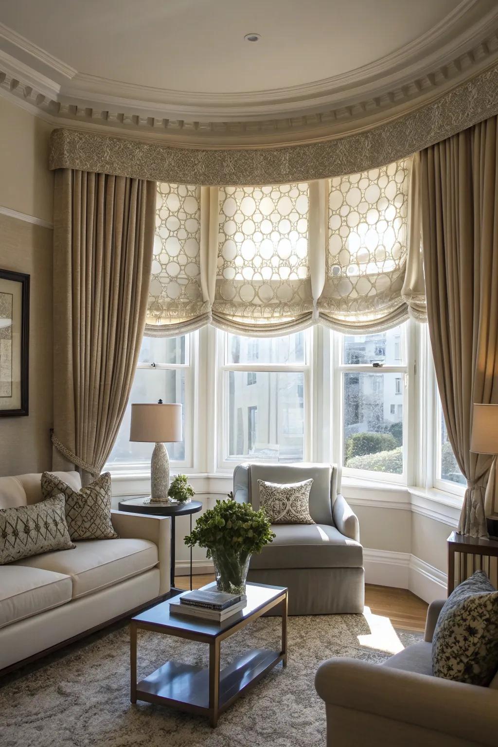 Textured materials add depth and intrigue to bay windows.