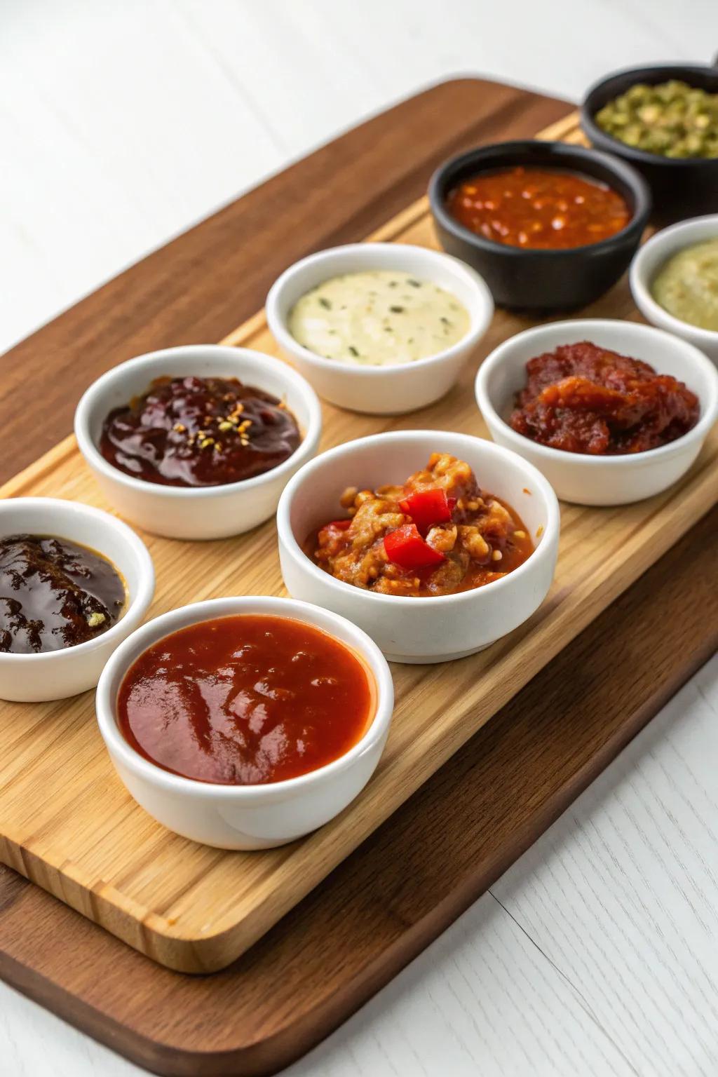 A spectrum of condiments enriches the platter with taste and enjoyment