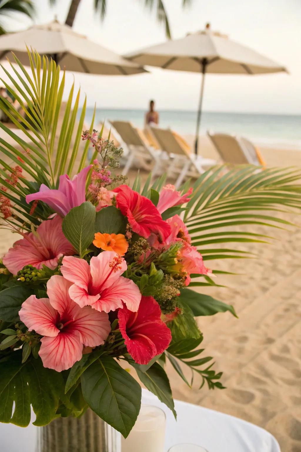 Exotic blooms introduce vibrant pops of color and a delightful coastal vibe.