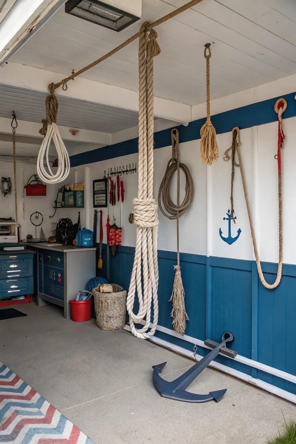 Maritime accents transform this garage into an ocean-inspired sanctuary.