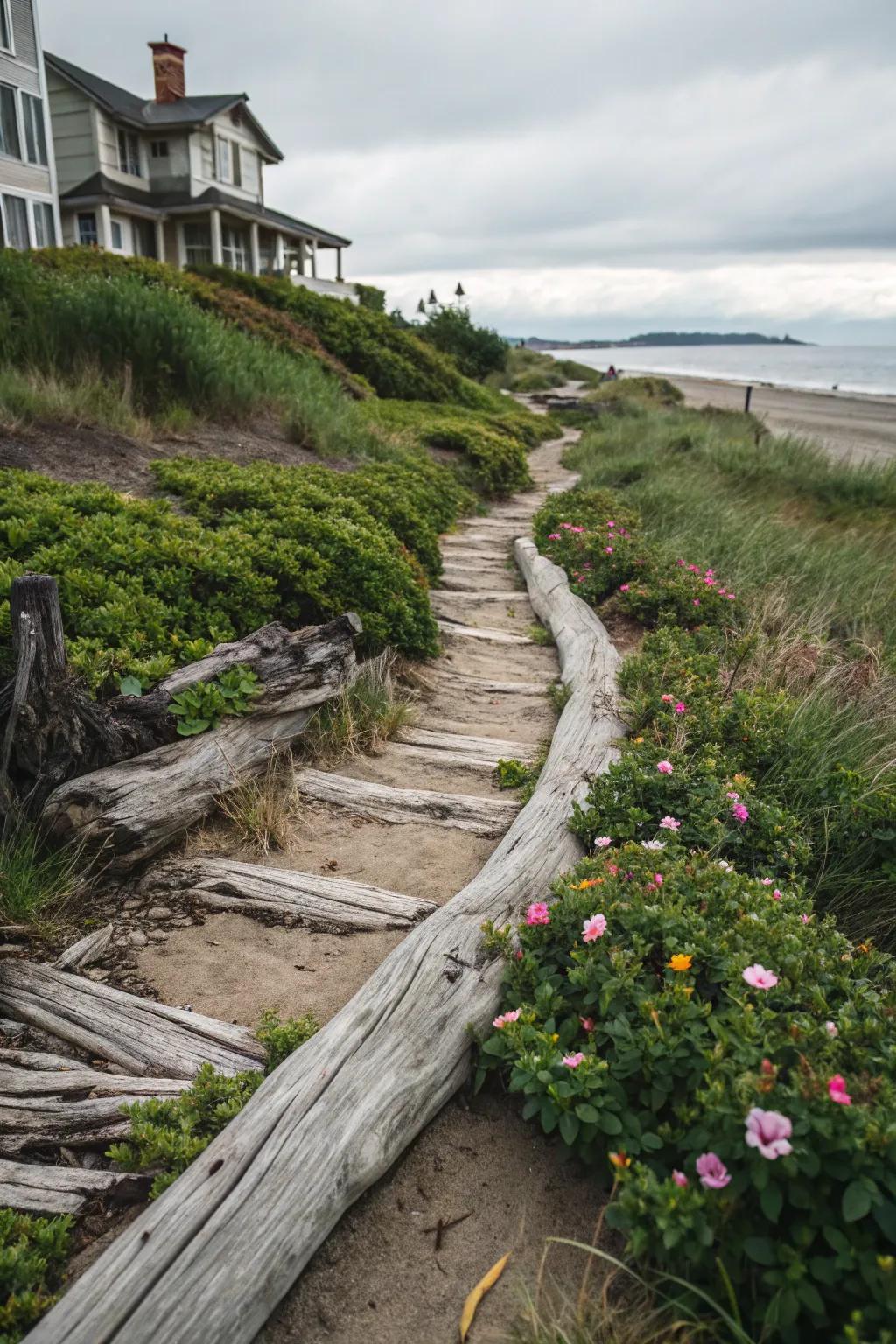 An attractive found wood path winding through a shoreline garden.