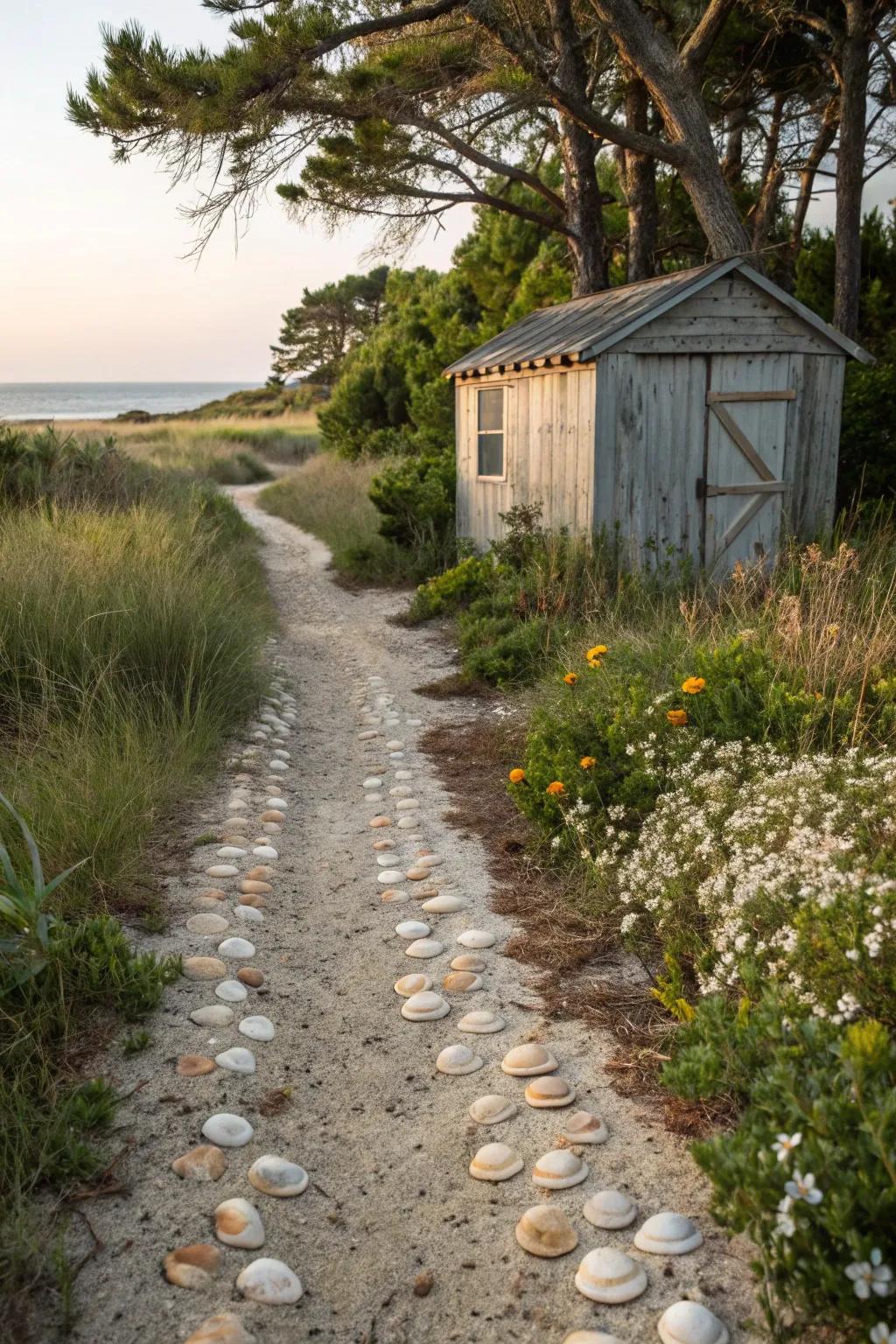 A delightful seashell path directs you to a charming beach shed.