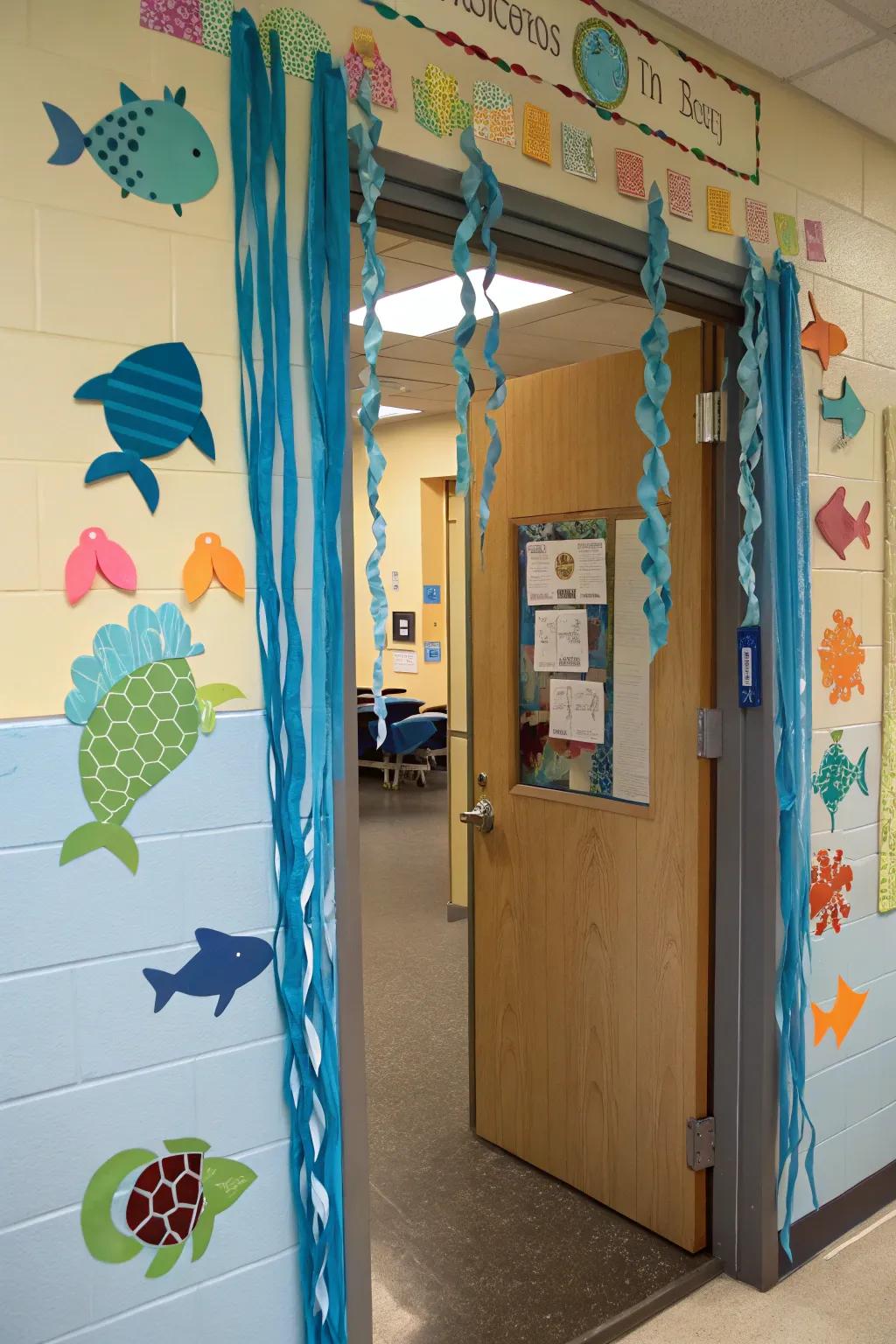 Underwater exploration on a classroom entrance with bright aquatic animals.