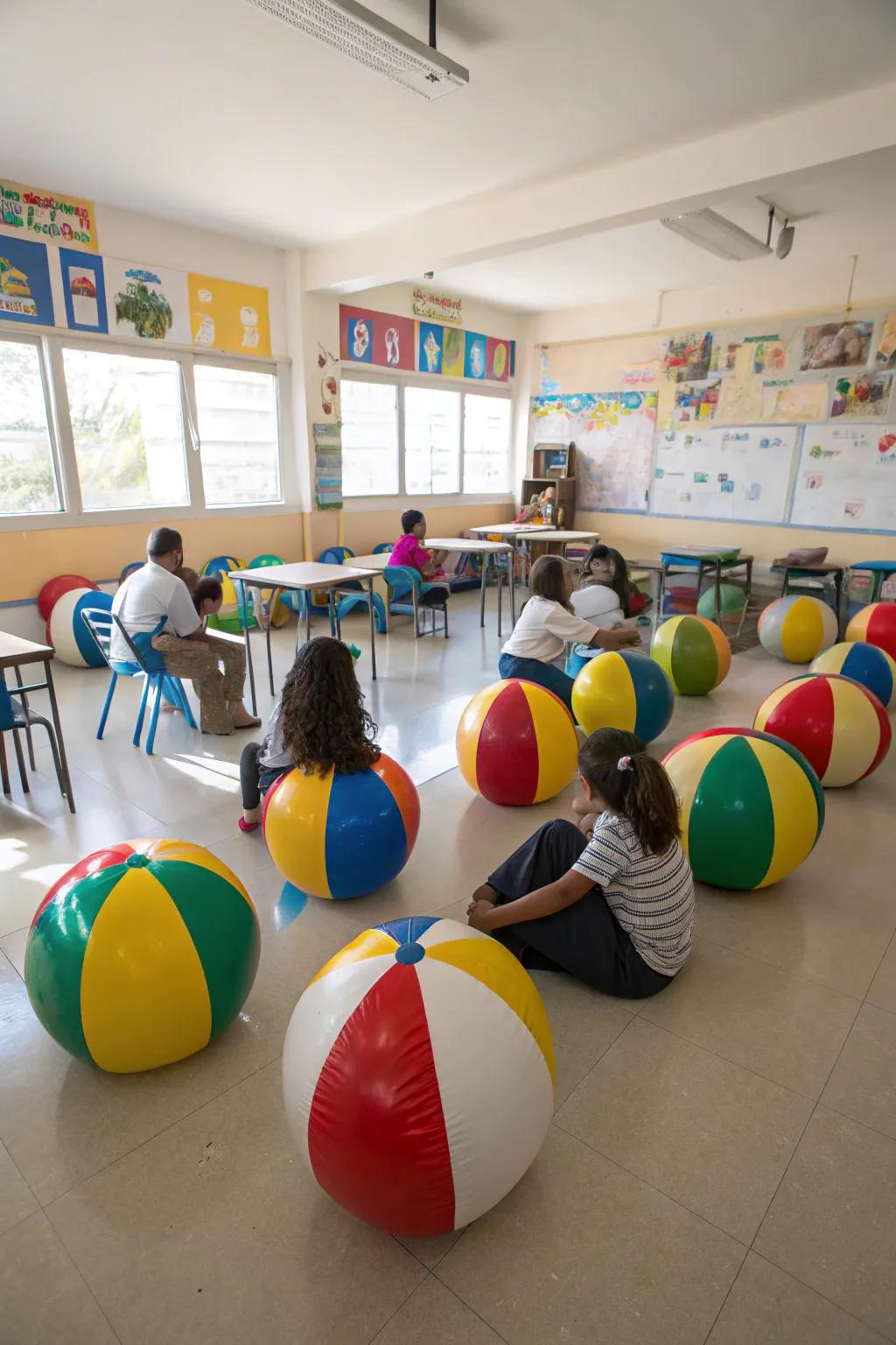 Dynamic beach sphere seating in a classroom, ideal for engaging, hands-on learning.