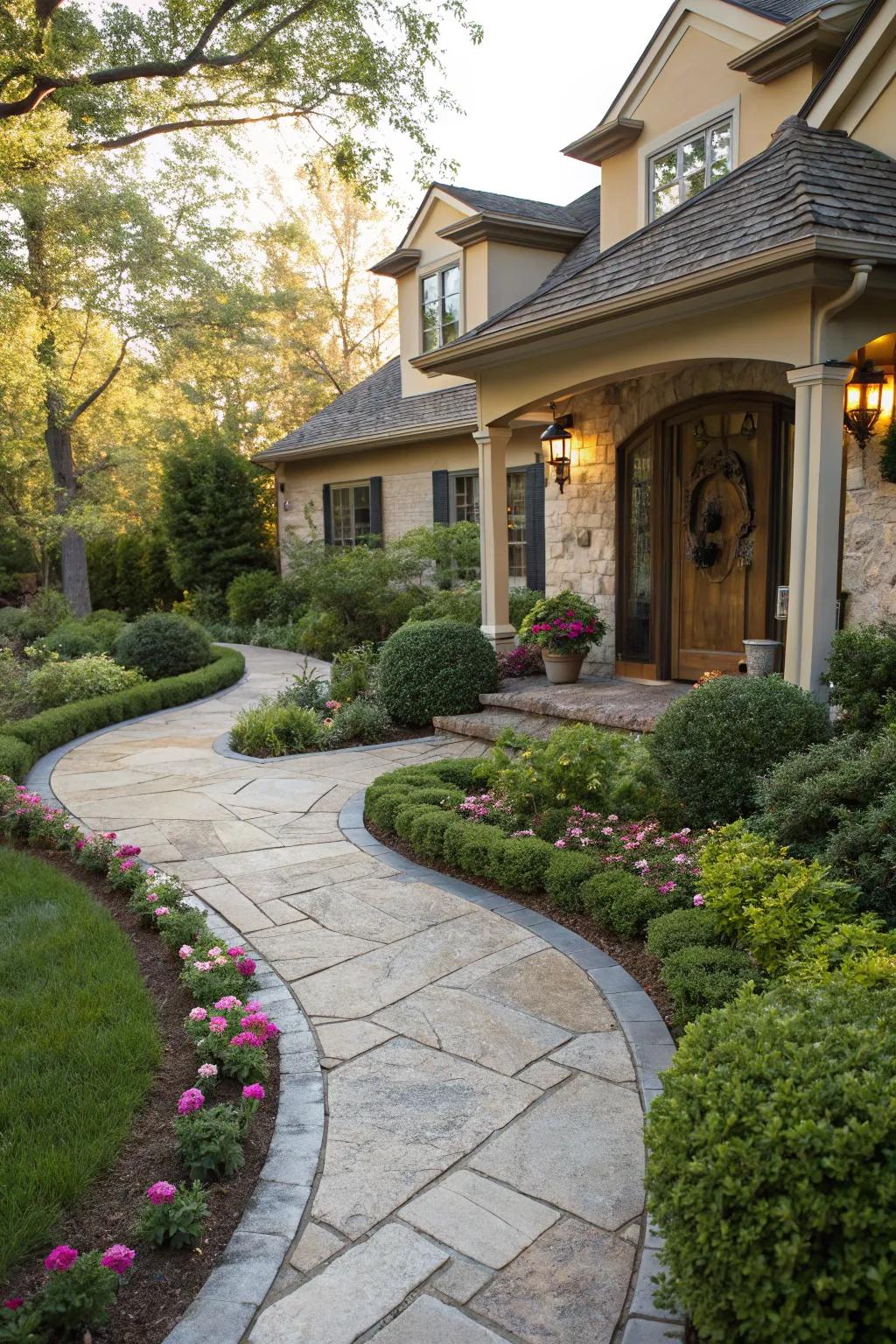 A captivating stone walkway leads guests through the garden.