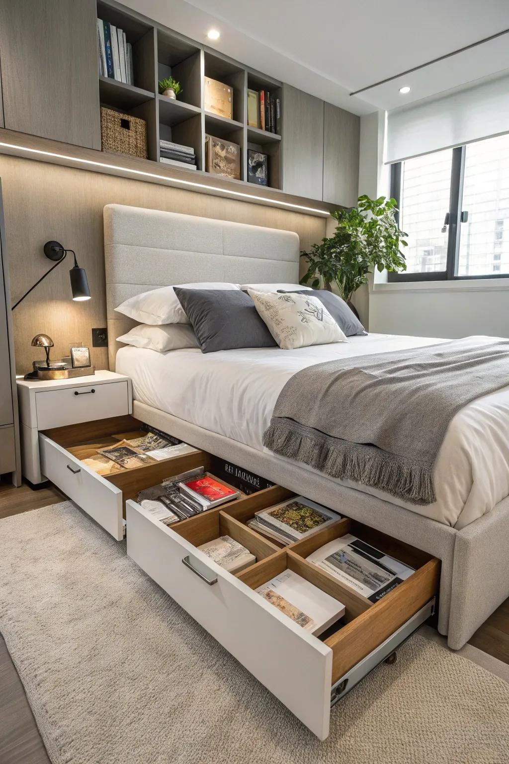 A bed frame with storage drawers is both stylish and practical.