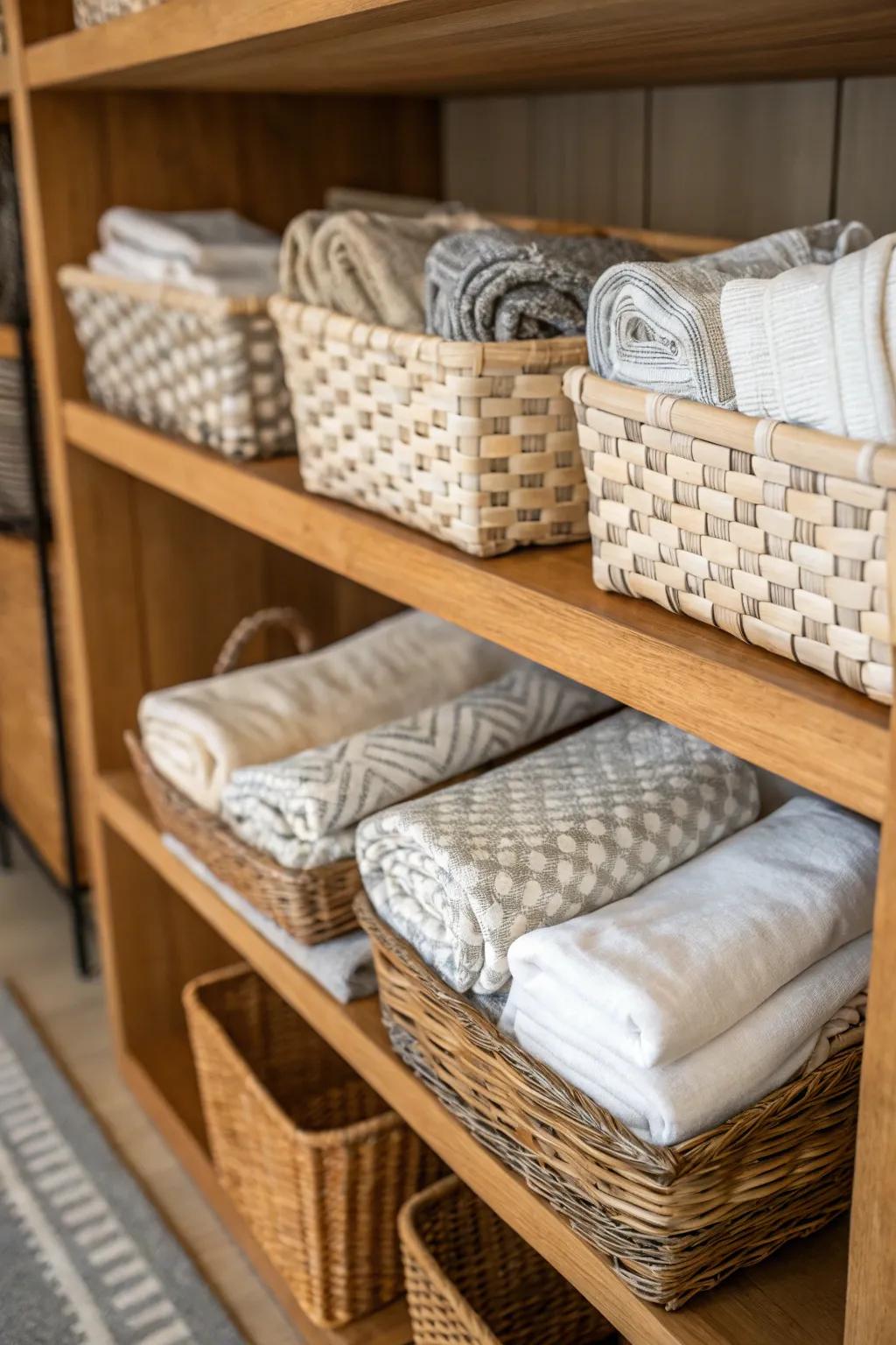 Baskets add style and organization to your linen storage.