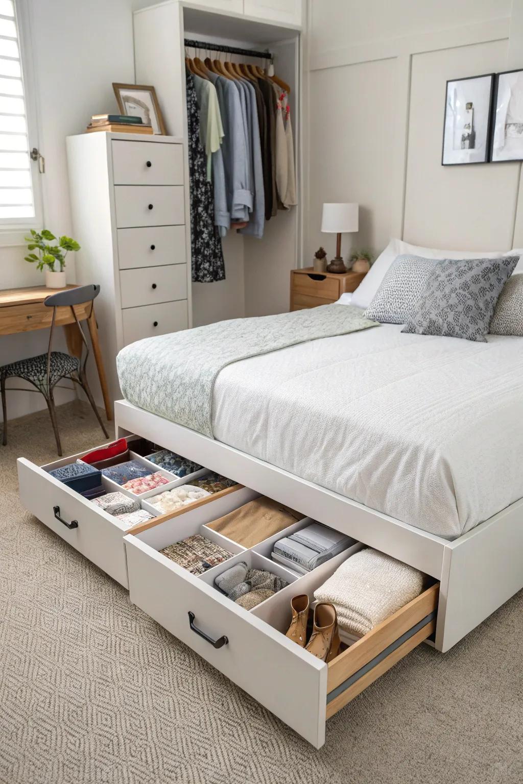 Under-bed storage drawers offer a clean and fashionable solution.