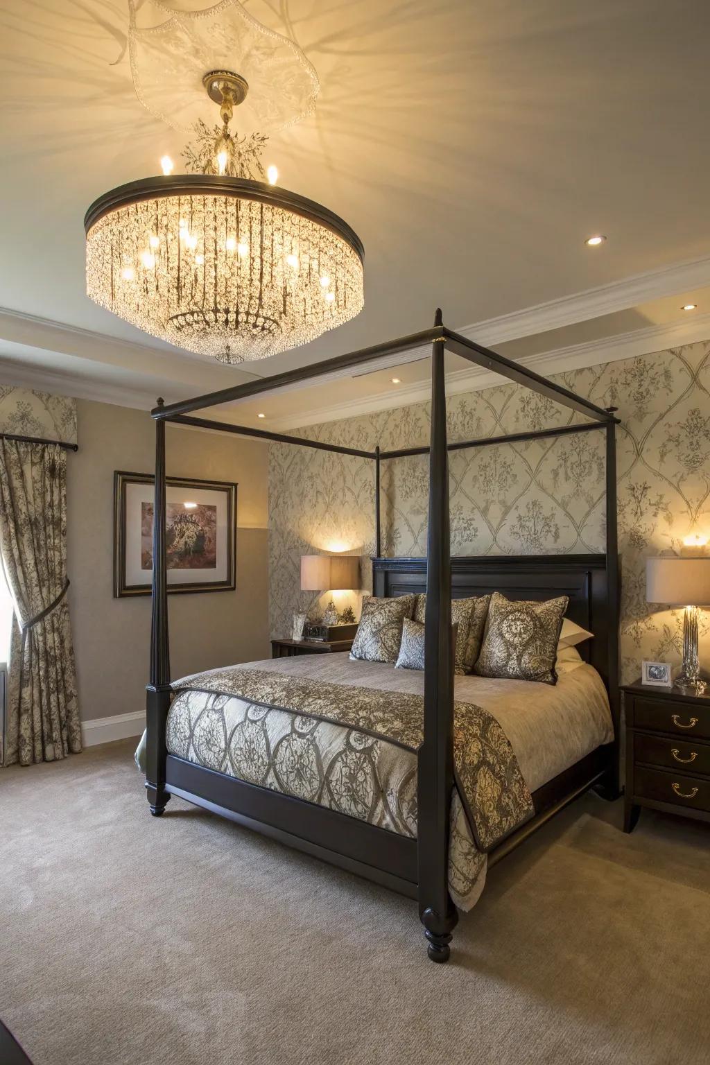 A chandelier offers sophistication and background illumination.