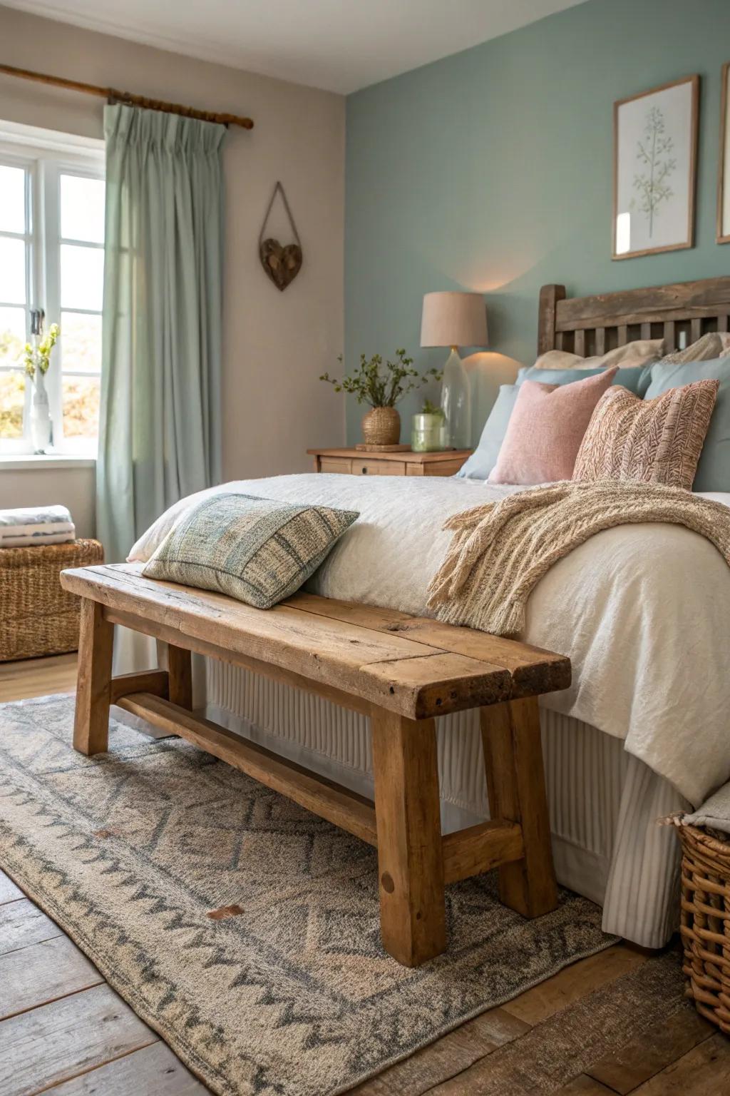A wooden bench introduces rustic charm and warmth to your bedroom.