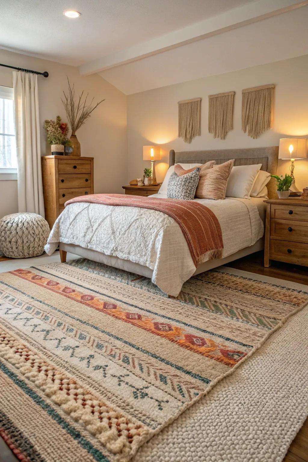 Layering coverings on carpet adds richness and texture to your bedroom.