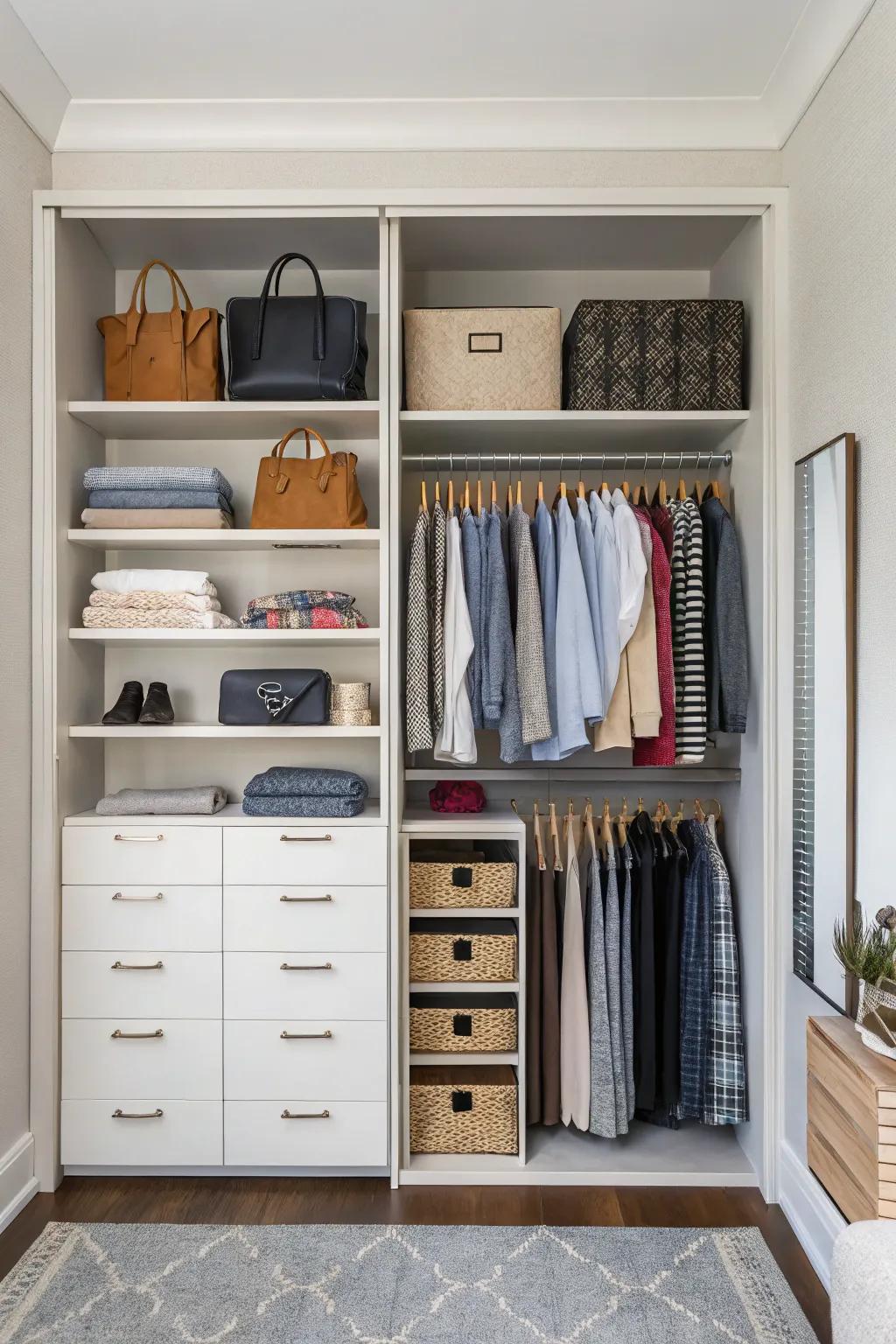 Open shelves create an orderly and accessible closet.