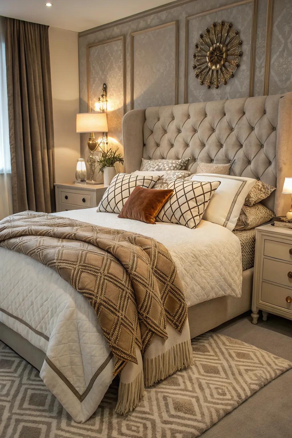 Layered textiles on a bed, adding warmth and texture to this stylish bedroom.