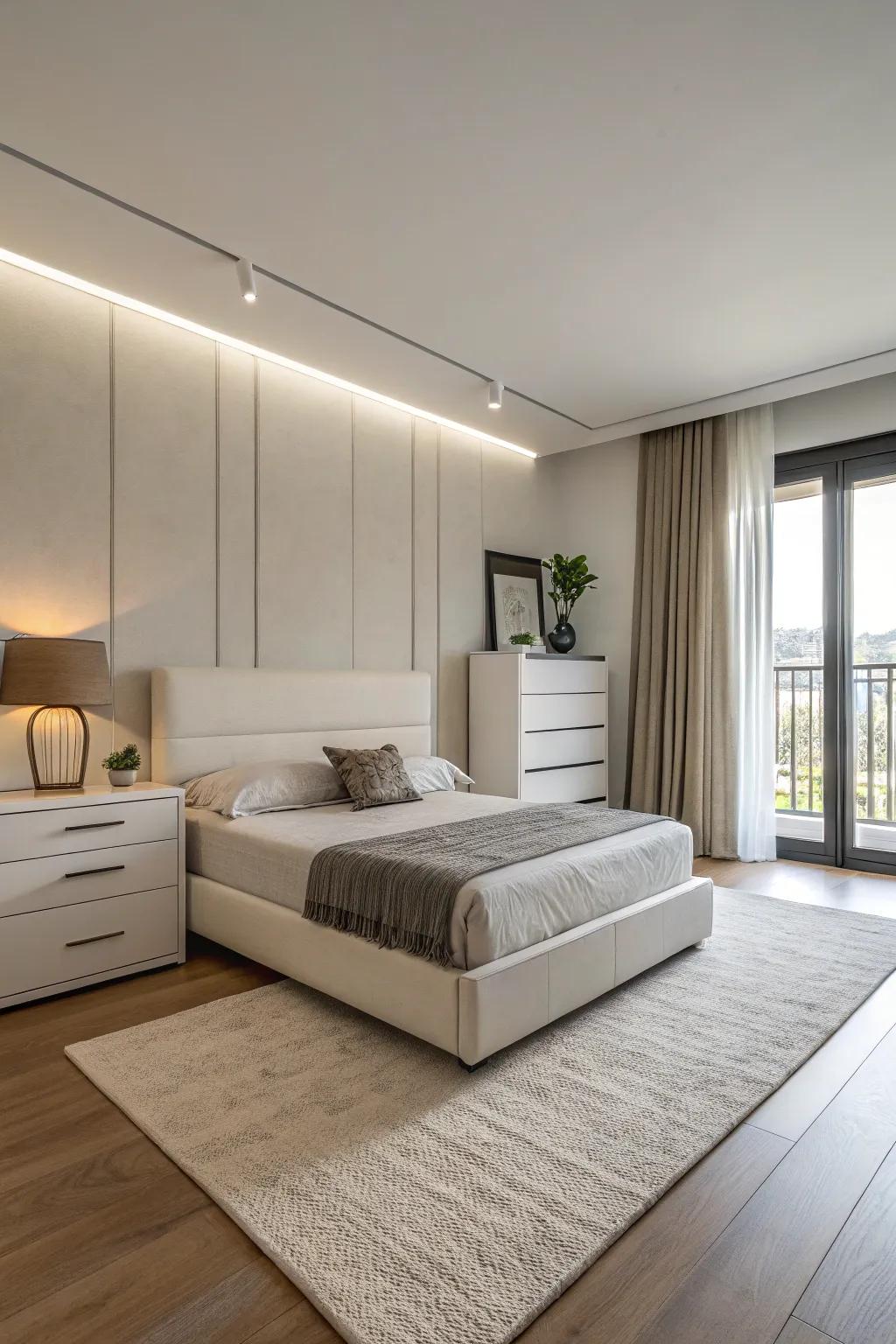 A bedroom styled with modern, minimalist furniture featuring sleek lines.