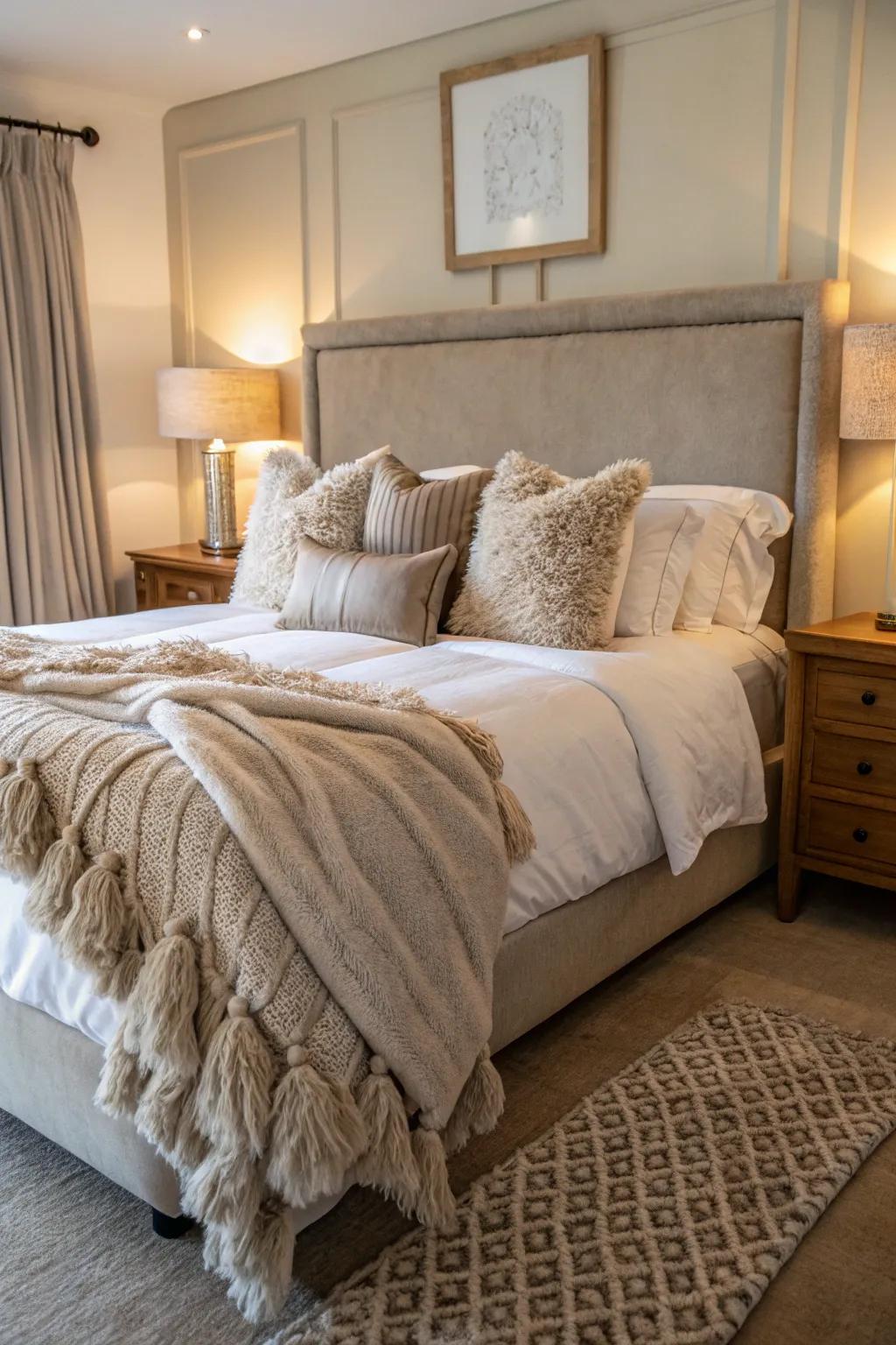 Sumptuous textures infuse this bedroom with a warm and inviting vibe.