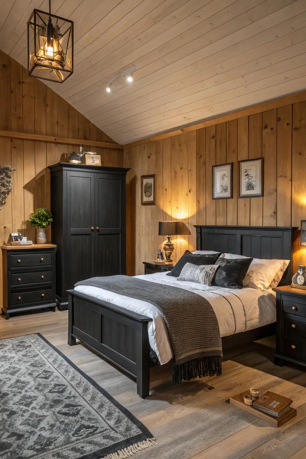 Natural wood features contribute warmth to a bedroom showcasing sleek dark furniture.