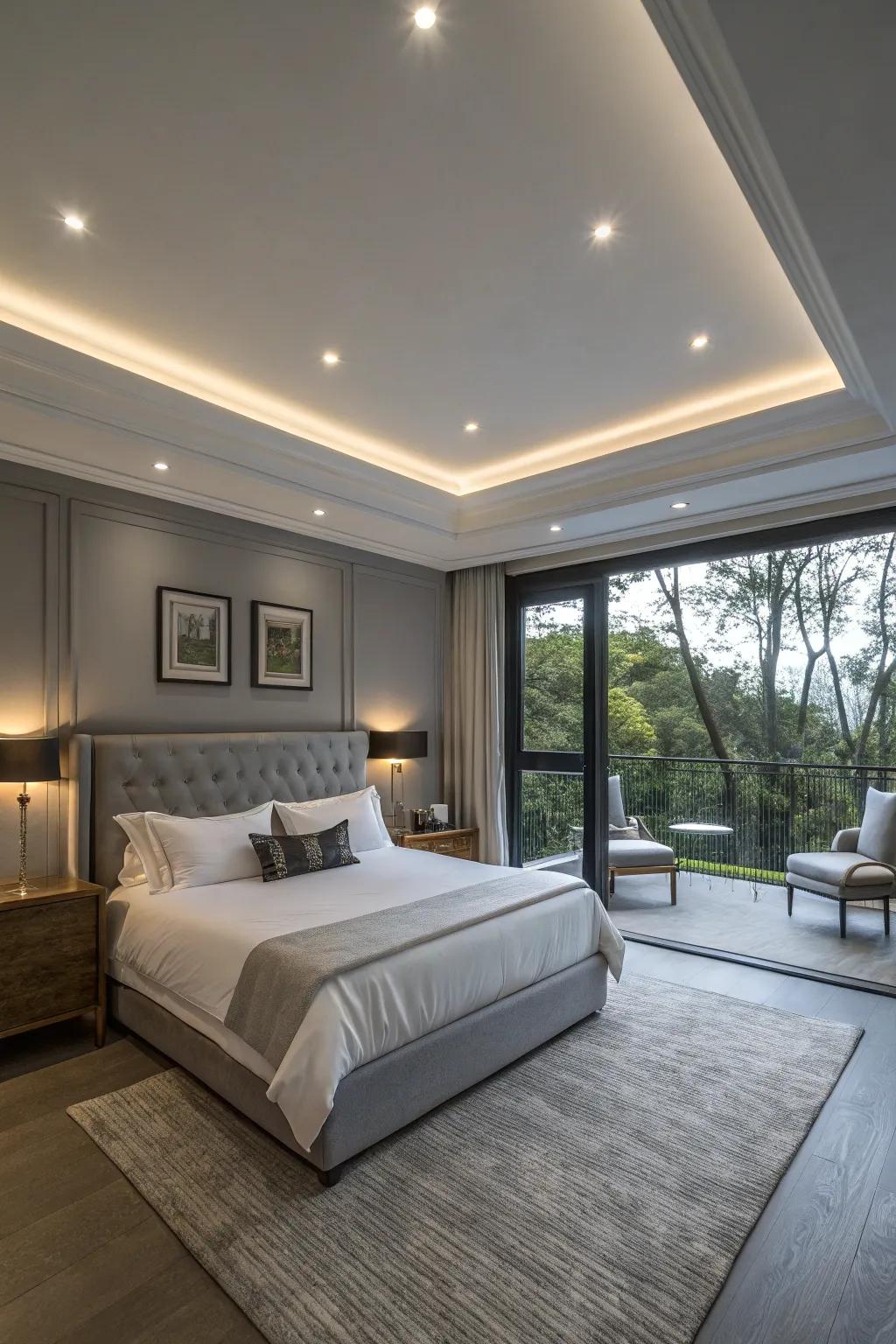 Recessed lights bring a subtle elegance to a modern bedroom.