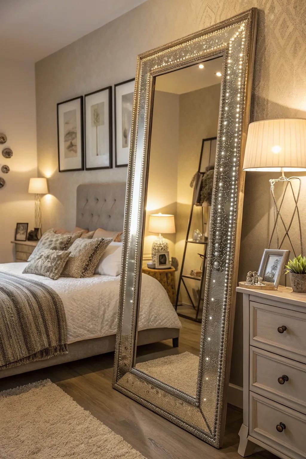 A stylish bedroom showcases a beautifully framed mirror, adding a touch of class.
