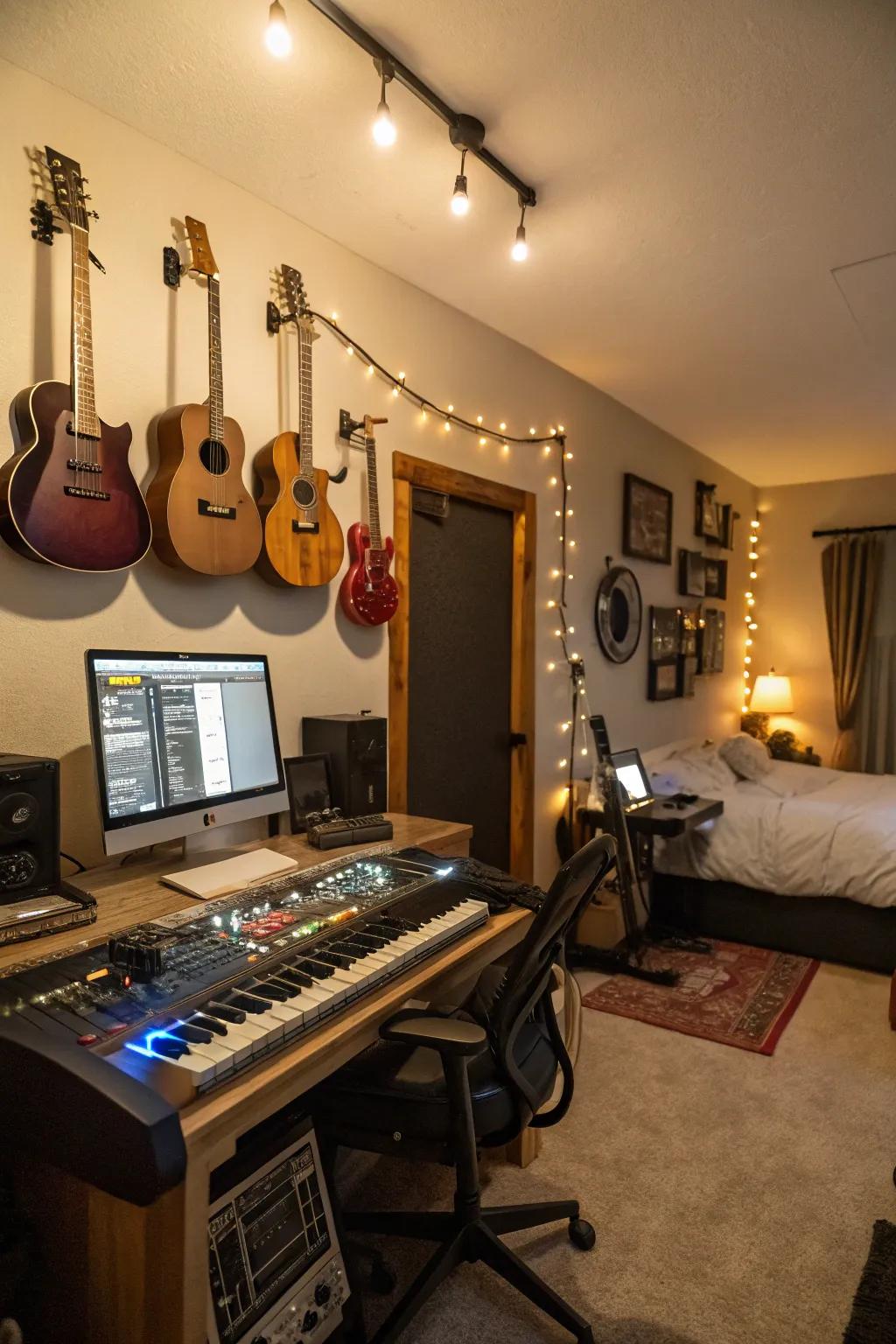 Instruments displayed on the wall create a functional and visually appealing music space.