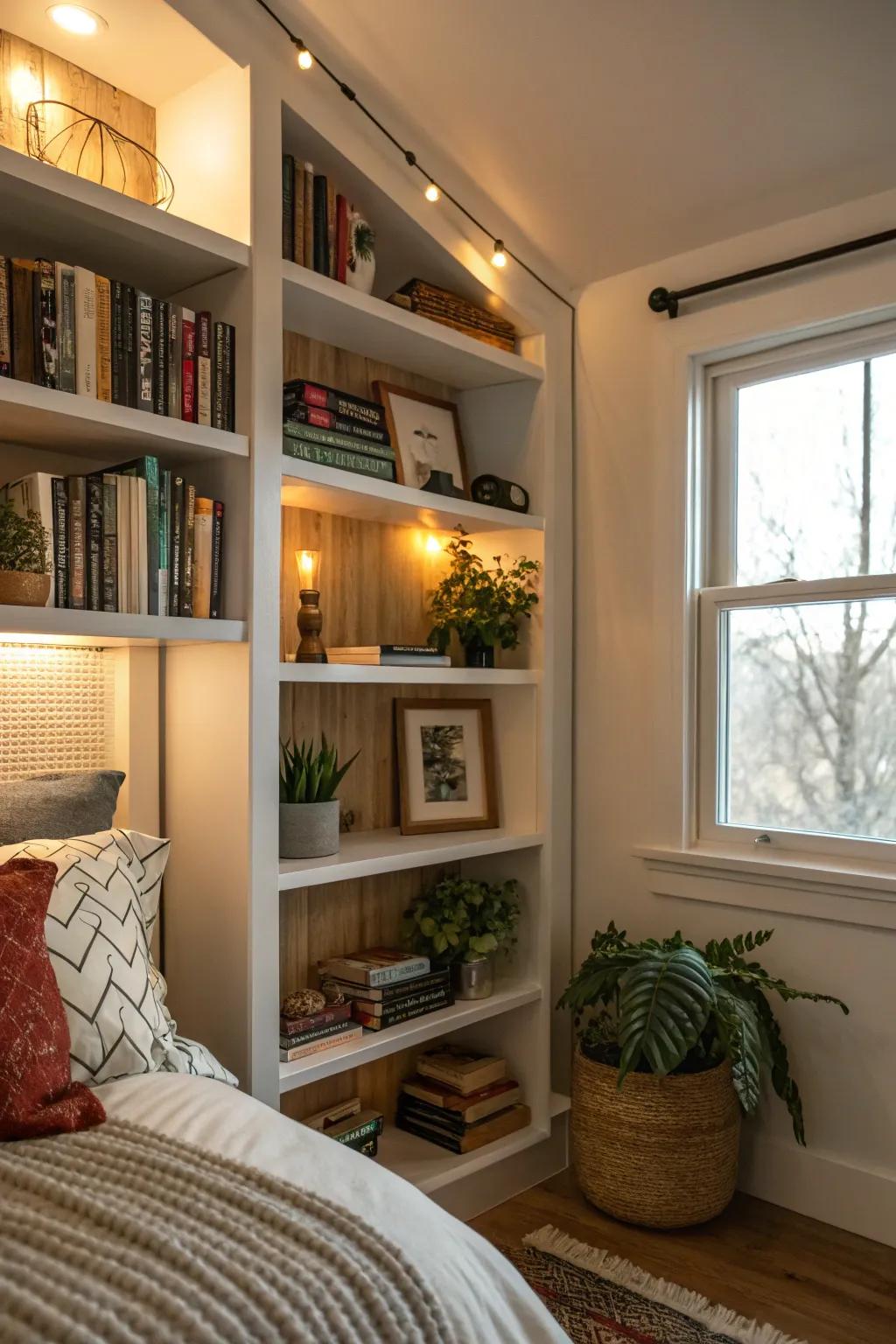 A cozy bedroom nook with integrated shelving, providing a personal library area.