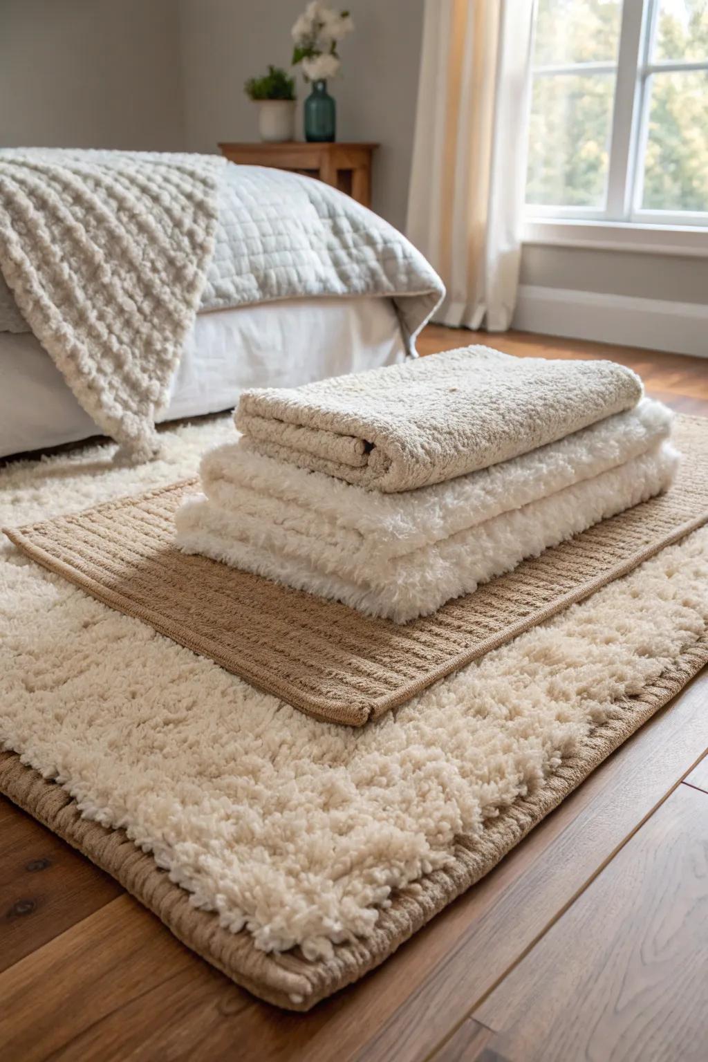 Layered rugs bring depth and warmth to a bedroom.