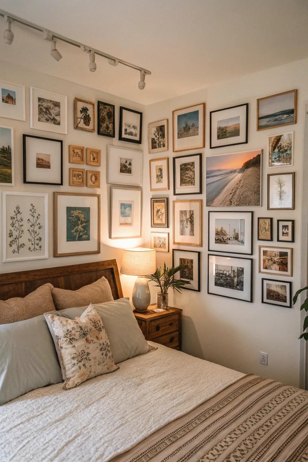 A curated wall art display contributes individualized character and artistic style to any bedroom.