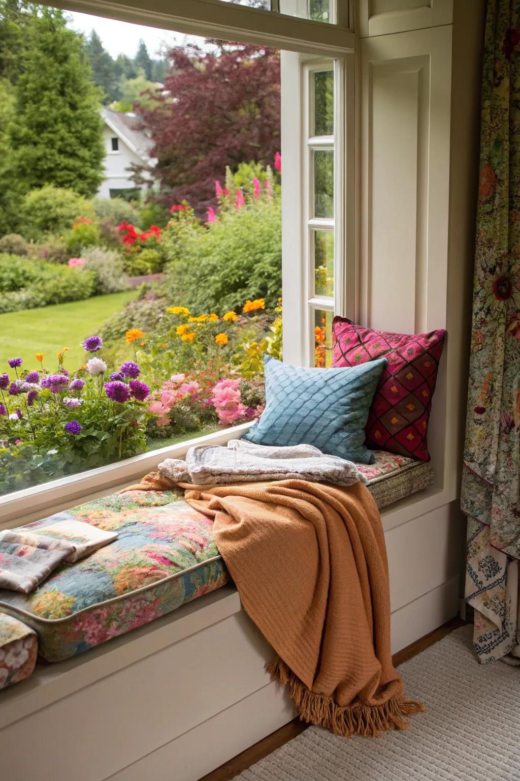 A cozy window seat is perfect for unwinding and enjoying the view.