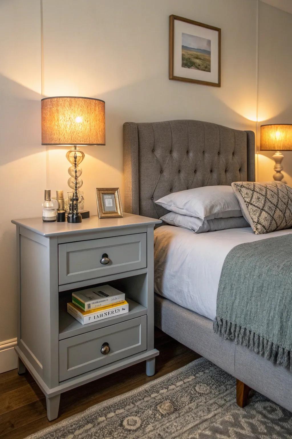 Gray bedside tables offering both elegance and functionality.