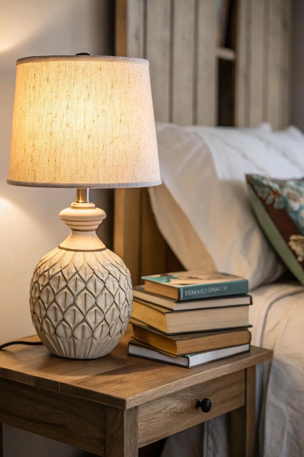 A unique lamp design adds personality to the bedside.