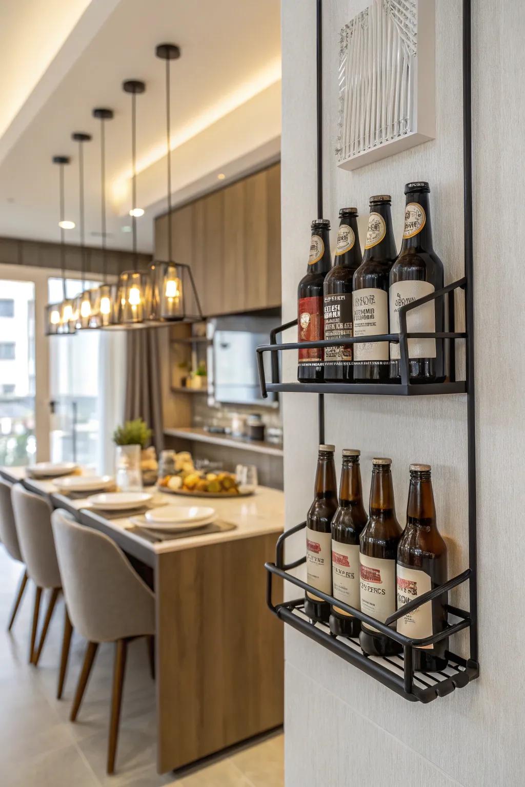 A modern wall-secured ale bottle support in an eating room.