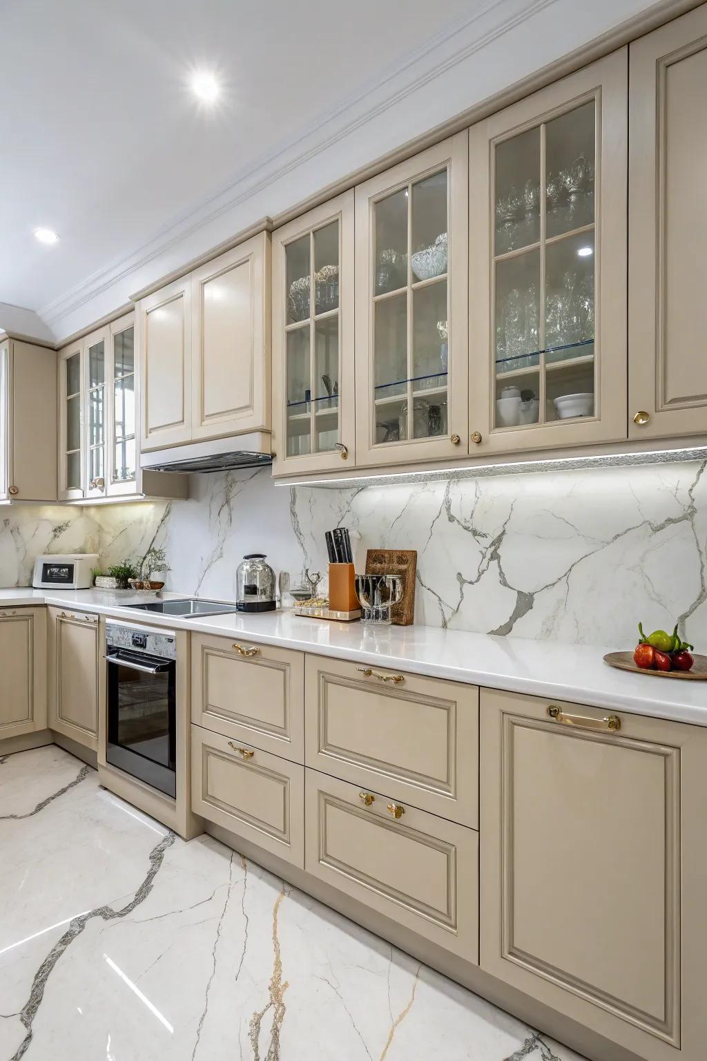 Marble countertops imbue elegance and depth into beige cabinets.