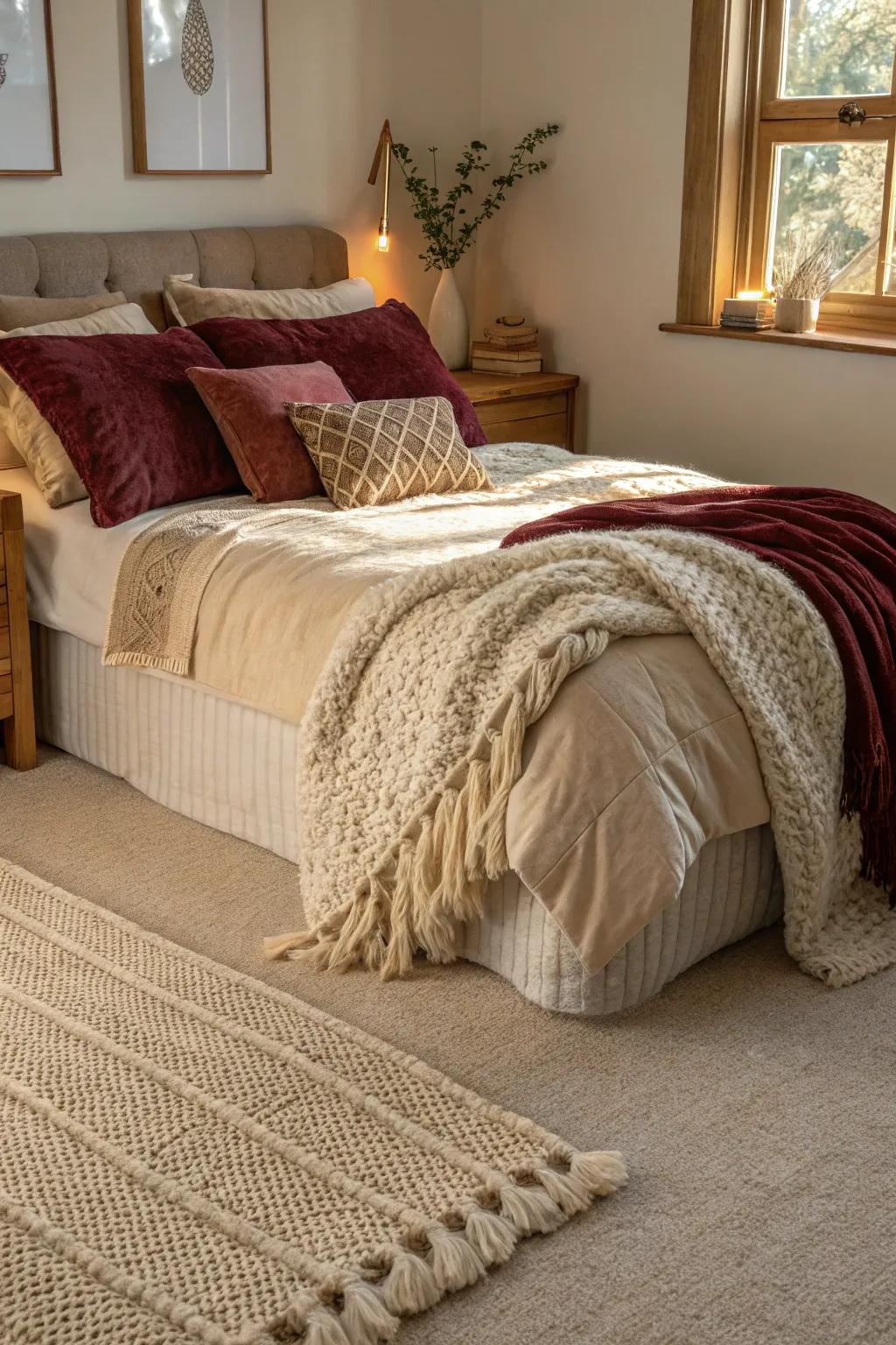 A comfortable bedroom where textures flourish against the setting of a beige carpet.