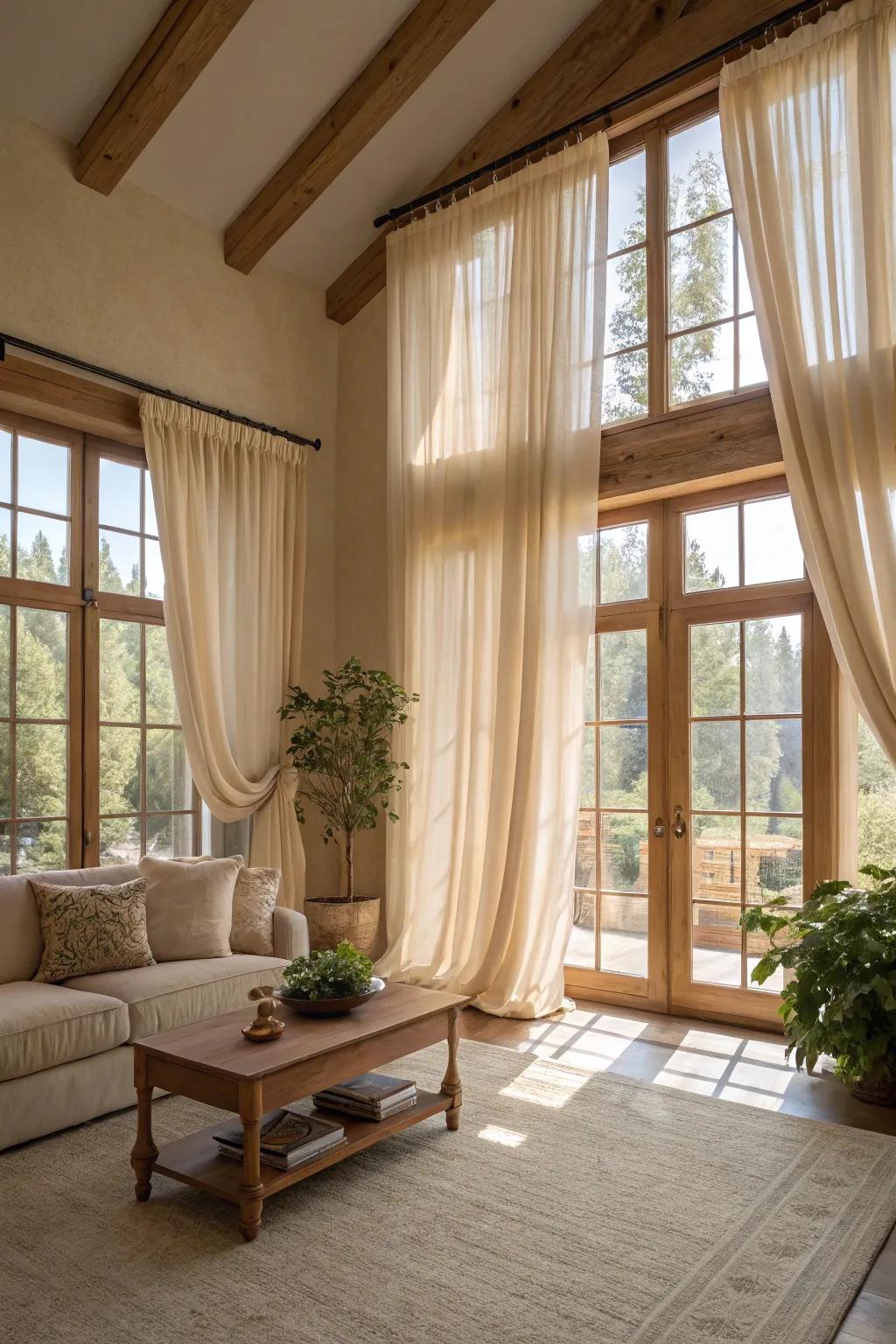 Sheer curtains introduce a sense of lightness to the space.