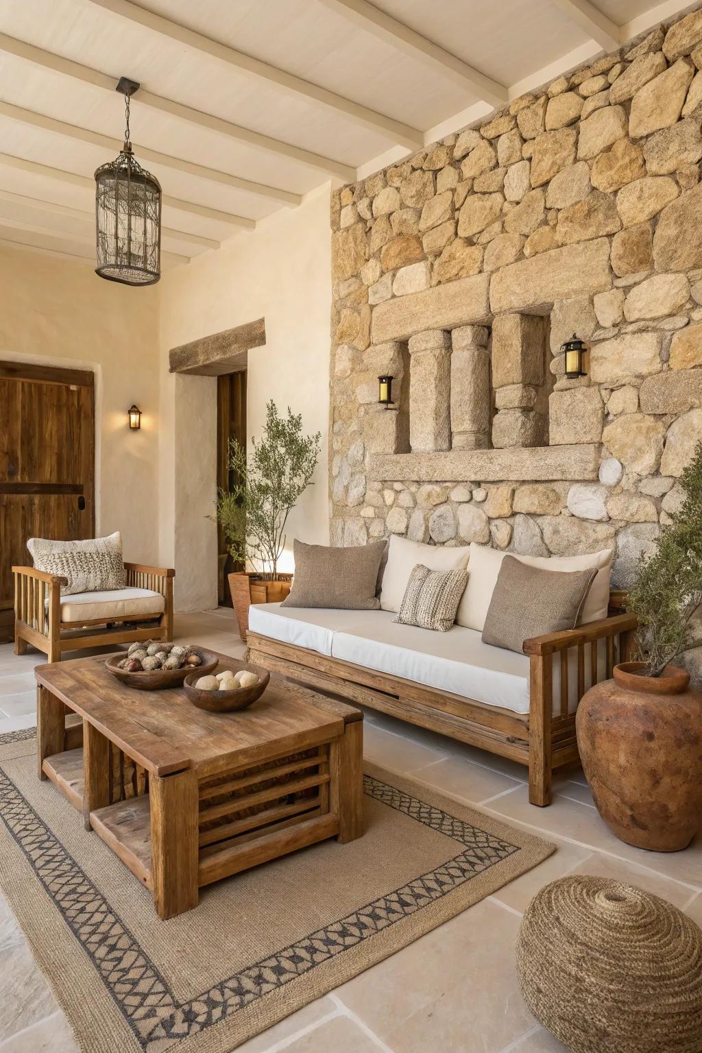 This beige interior is made more elegant by the use of natural materials such as wood and stone.
