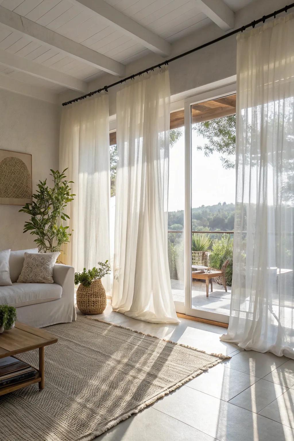 Clear cotton window coverings provide a bright and welcoming space.