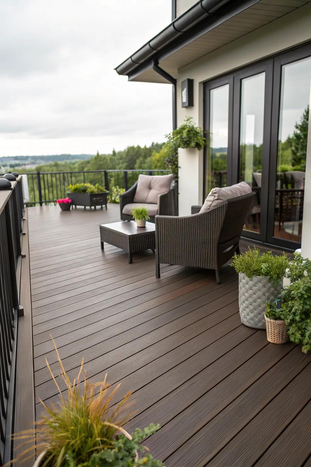 Deep brown decks provide a modern yet cozy look.